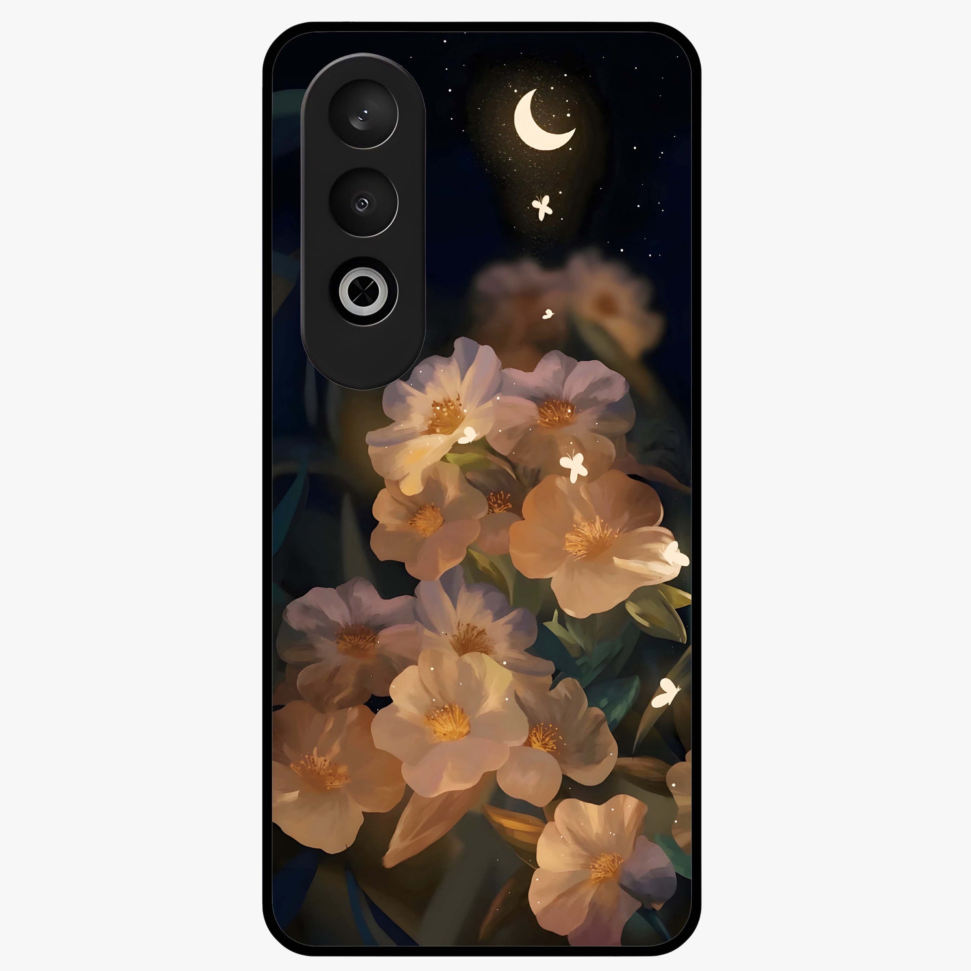Celestial Petal Night Glass Case for 1+Nord Ce 4 elegant front view featuring floral petals against dark night sky tones