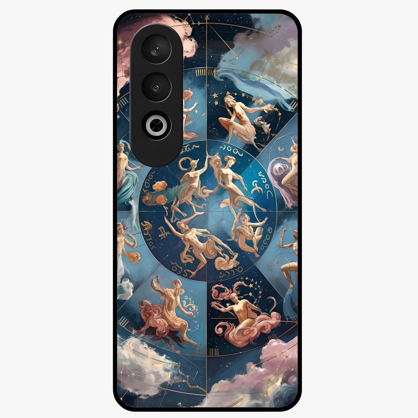 Celestial Signs Dance Glass Case for 1+Nord Ce 4 artistic front view featuring zodiac inspired celestial symbol artwork