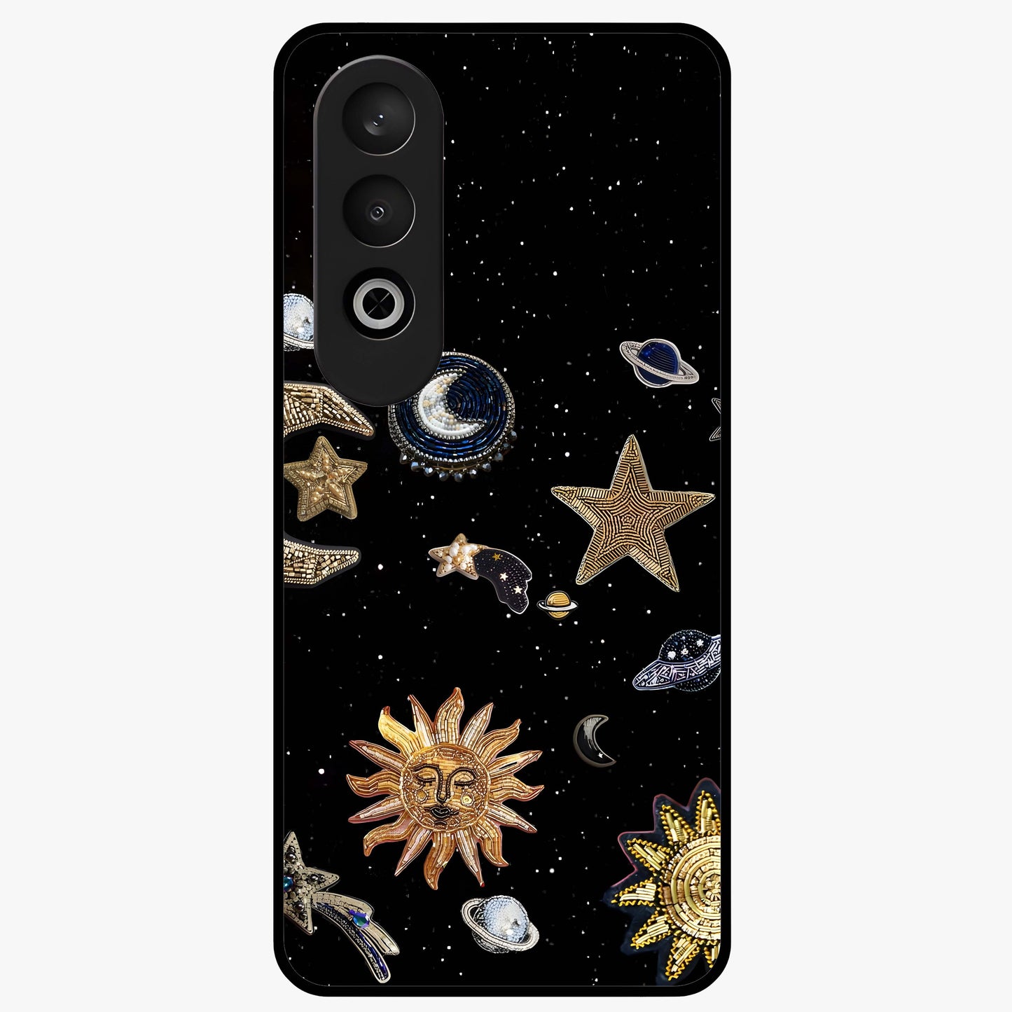 Celestial Star Charm Glass Case for 1+Nord Ce 4 radiant front view featuring star inspired cosmic artwork