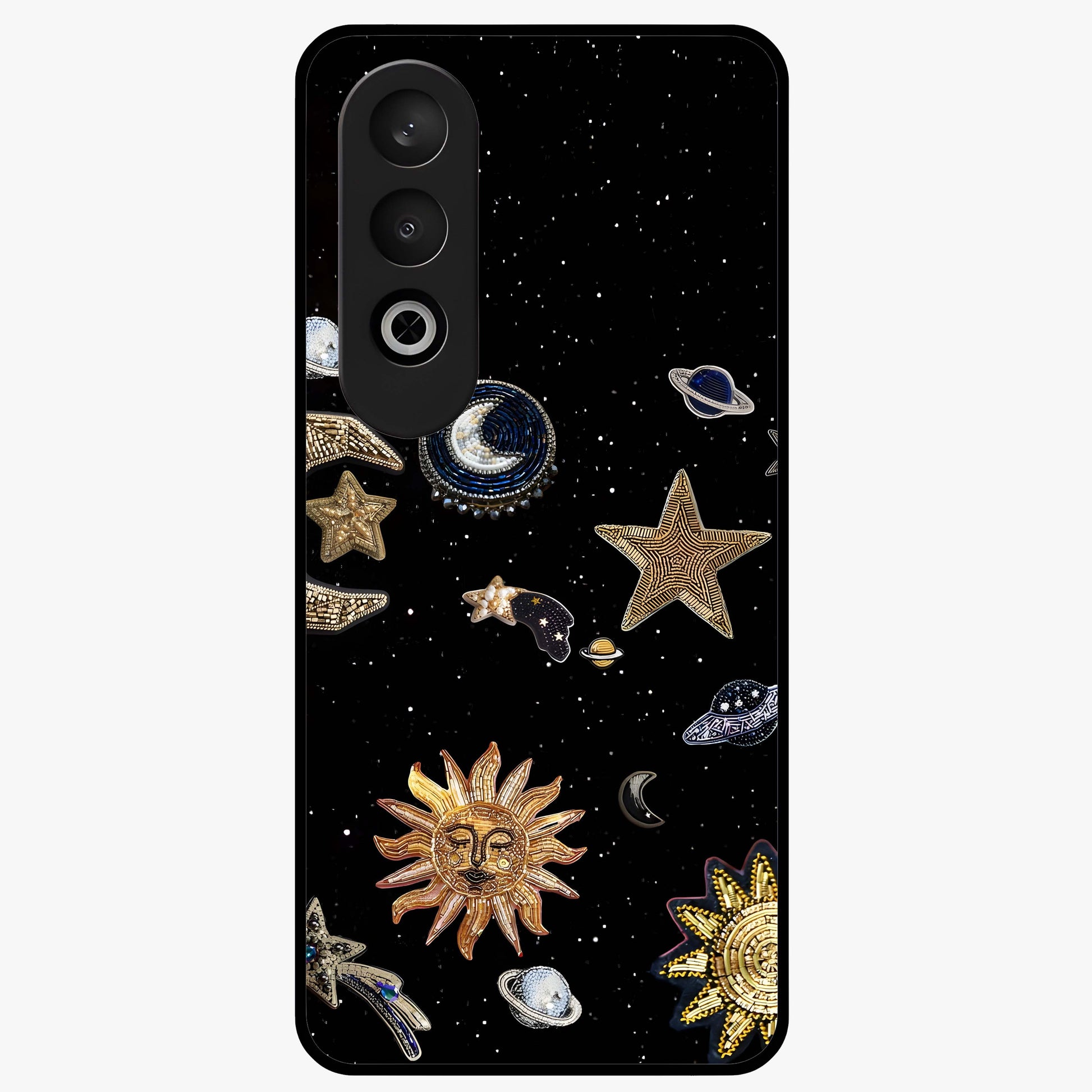 Celestial Star Charm Glass Case for 1+Nord Ce 4 radiant front view featuring star inspired cosmic artwork