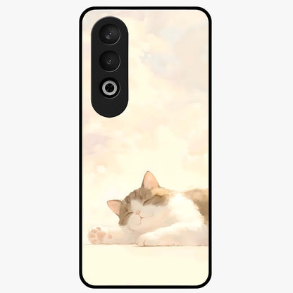 Cloud Nap Cat Glass Case for 1+Nord CE 4 adorable front view featuring cute sleeping cat artwork on soft cloud background
