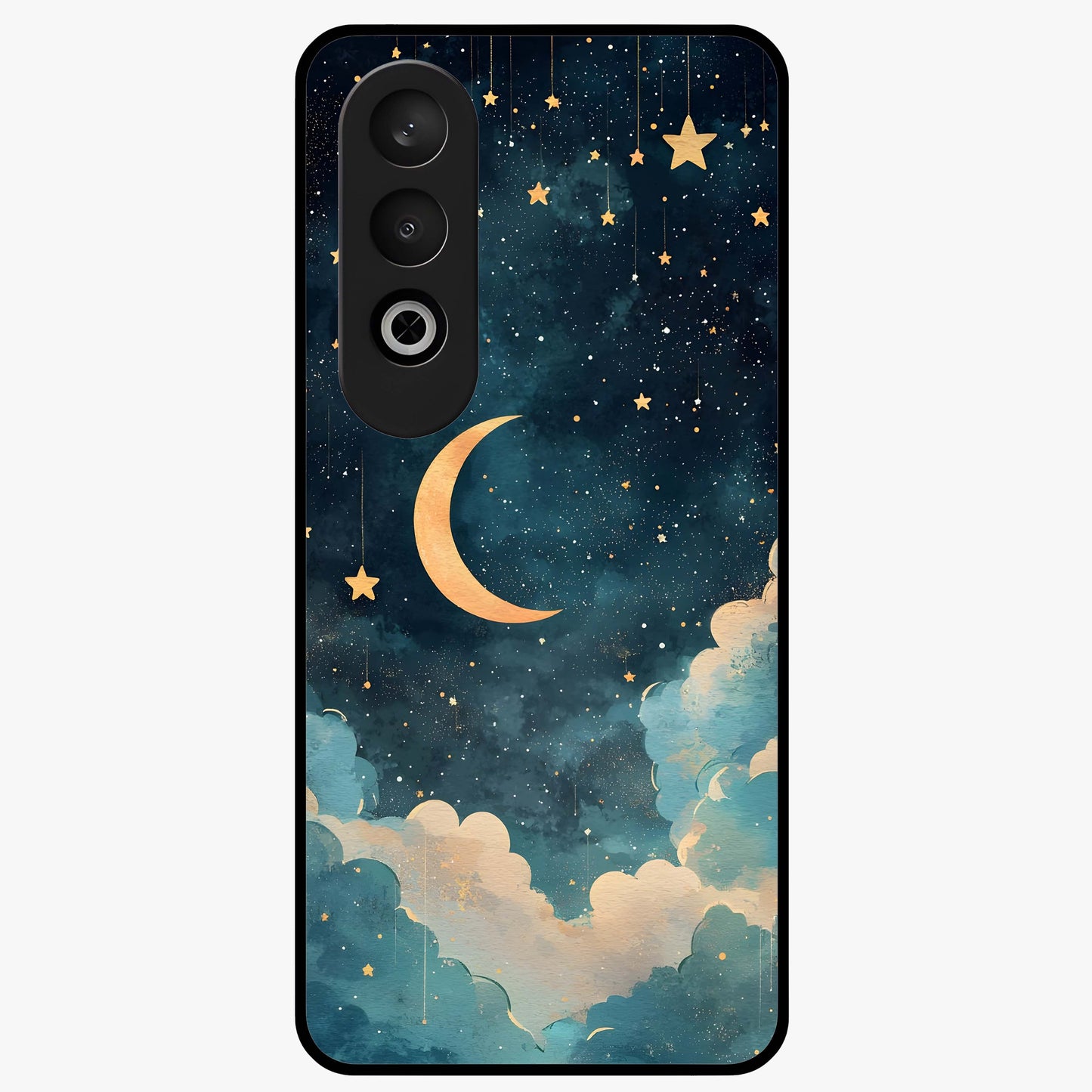 Crescent Galaxy Moon Glass Case for 1+Nord Ce 4 mystical front view featuring crescent moon artwork with cosmic background