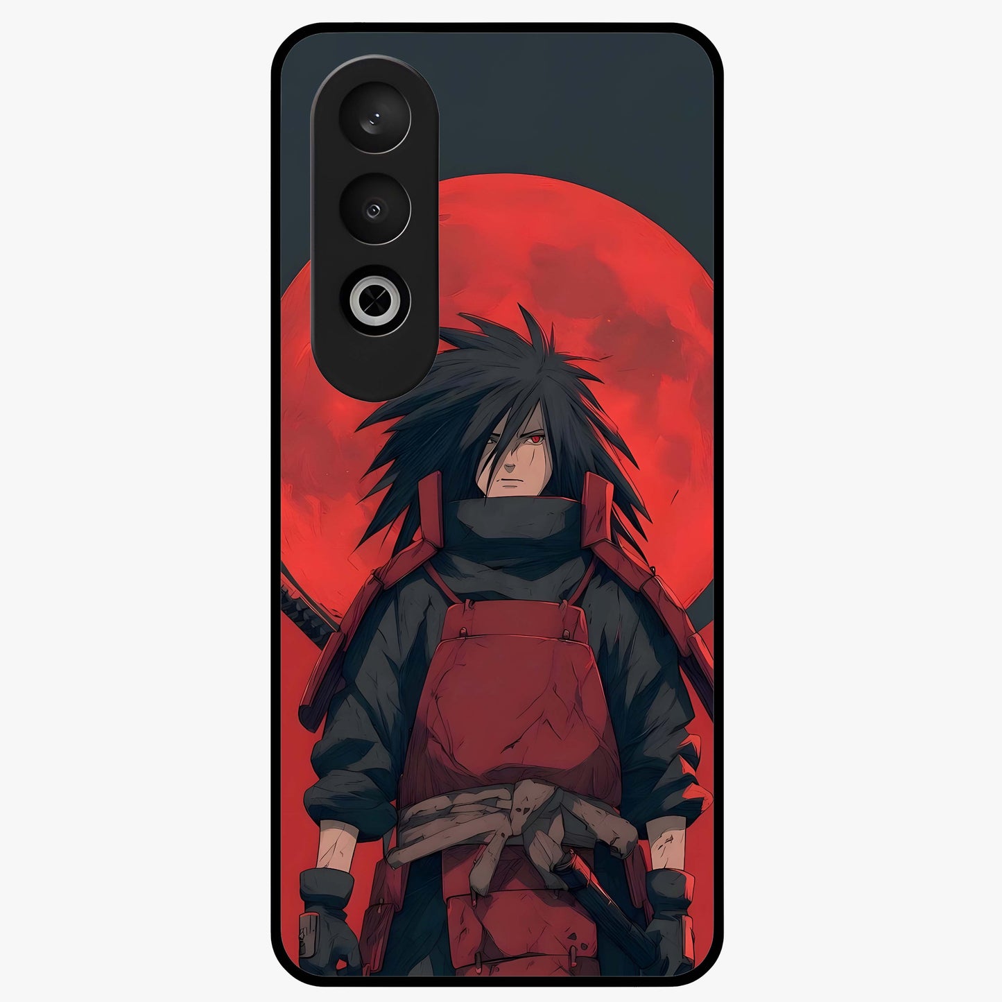 Crimson Moon Warlord Glass Case for 1+Nord CE 4 dramatic front view featuring warrior themed artwork under crimson moonlight