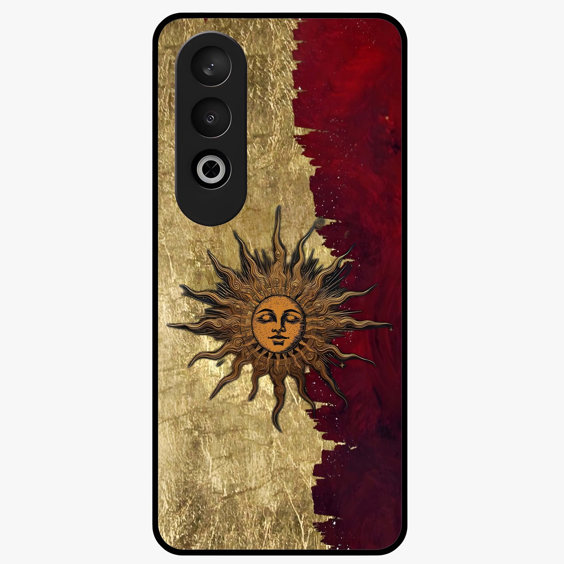 Crimson Sun Majesty Glass Case for 1+Nord CE 4 radiant front view featuring glowing sun artwork in deep red hues