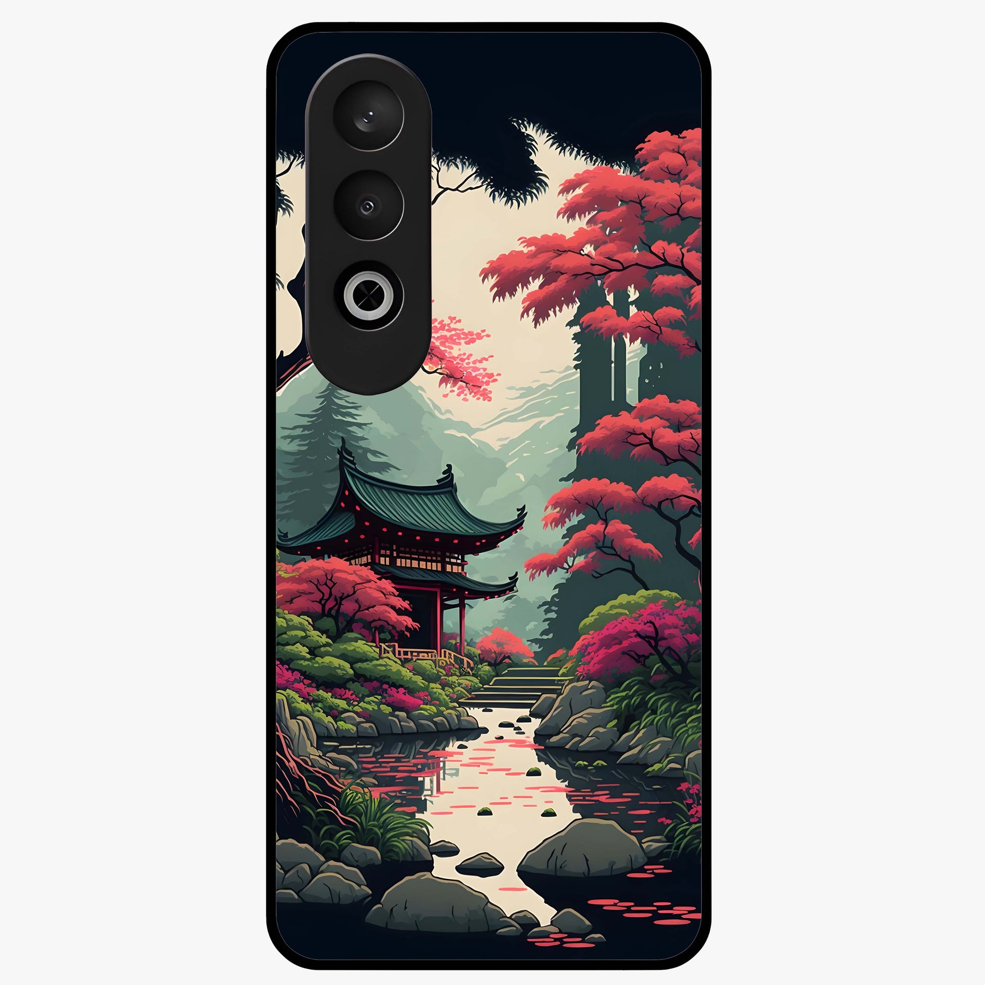 Crimson Temple View Glass Case for 1+Nord Ce 4 scenic front view featuring temple artwork under crimson sky