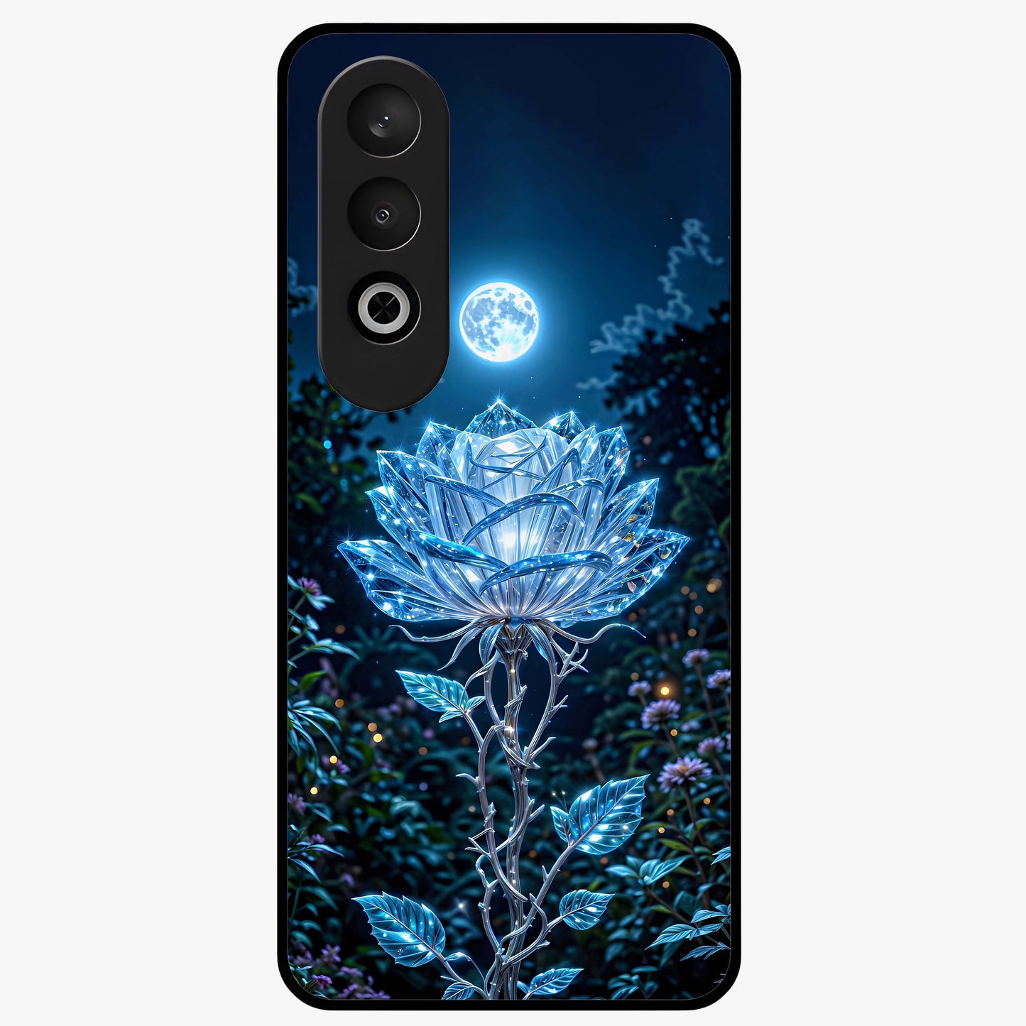 Crystal Moon Lotus Glass Case for 1+Nord CE 4 serene front view featuring glowing lotus artwork under crystal moonlight