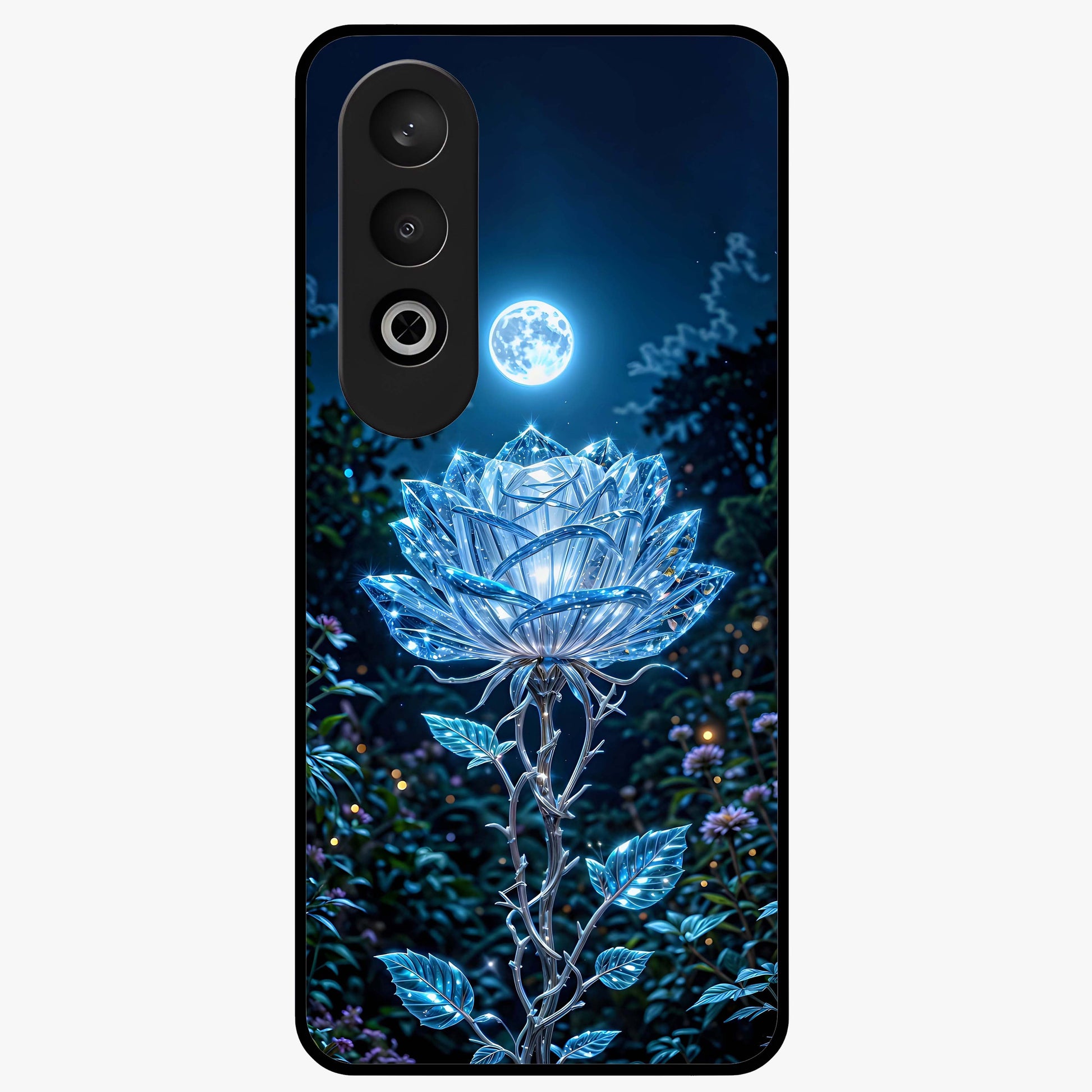 Crystal Moon Lotus Glass Case for 1+Nord CE 4 serene front view featuring glowing lotus artwork under crystal moonlight