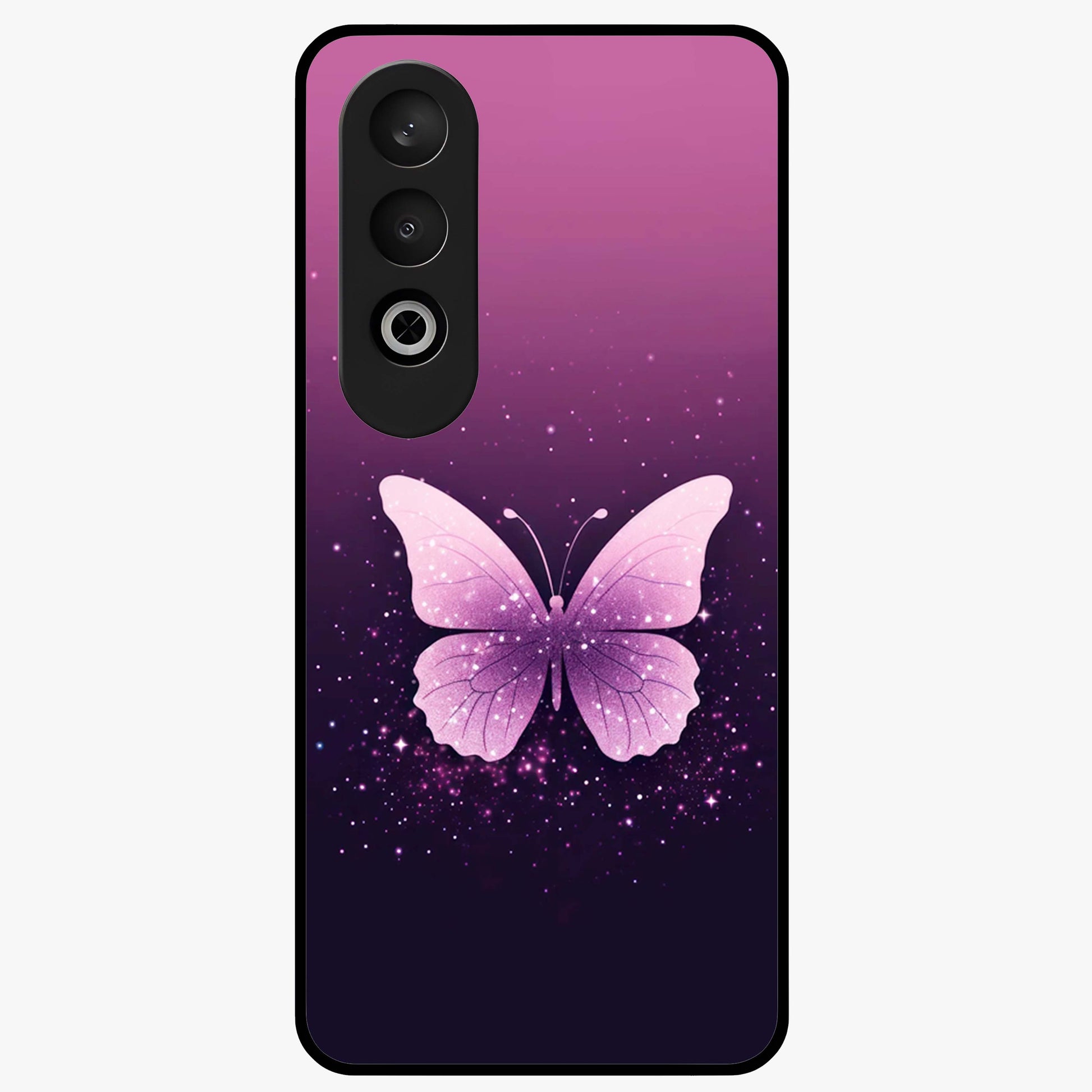 Cute Starry Butterfly Glass Case for 1+Nord Ce 4 dreamy front view featuring butterfly artwork with sparkling star accents