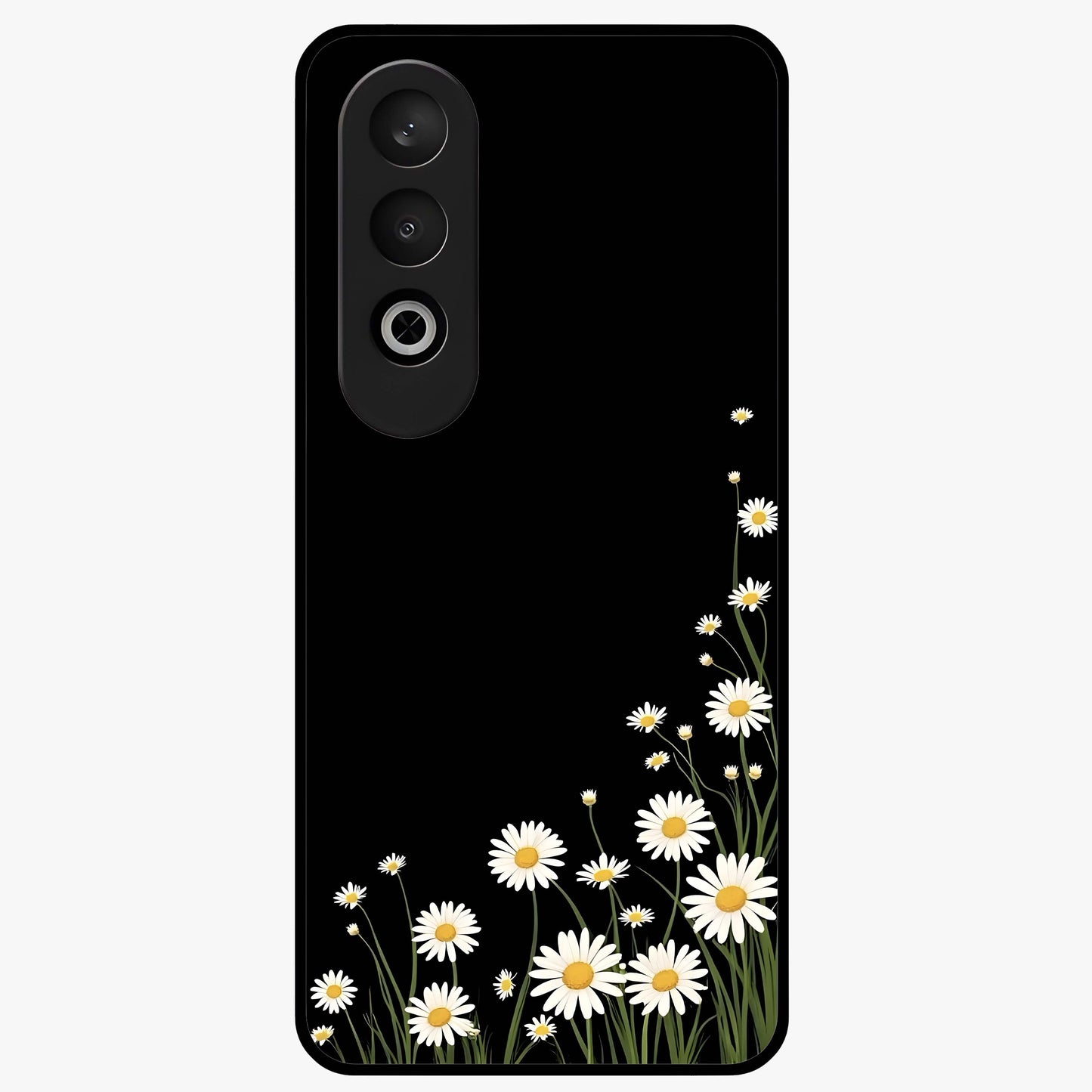Daisy Cascade on Black Glass Case for 1+Nord CE 4 elegant front view featuring white daisy artwork on deep black background