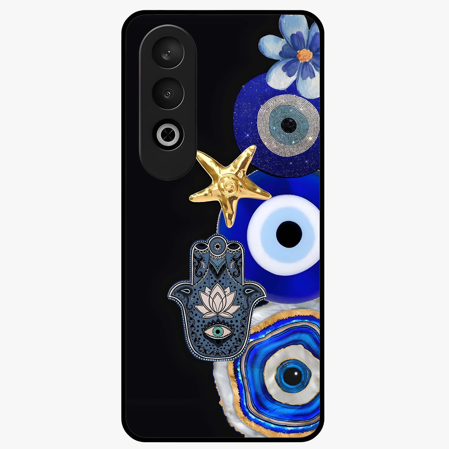 Divine Eye Bloom Glass Case for 1+Nord CE 4 artistic front view featuring floral evil eye inspired artwork