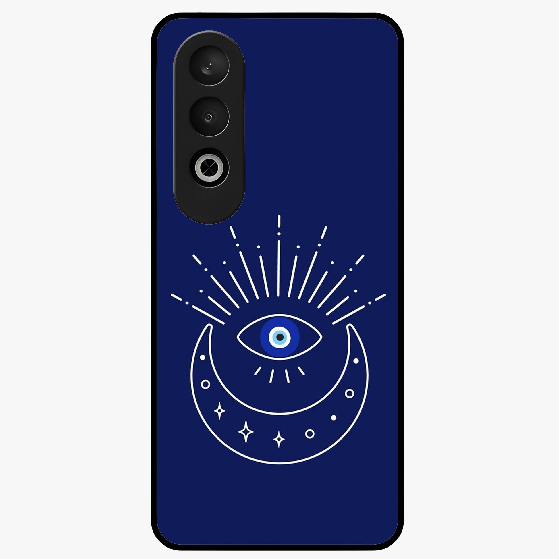 Evil Eye With Blue Themed Collage Glass Case for 1+Nord CE 4 artistic front view featuring blue collage style evil eye artwork