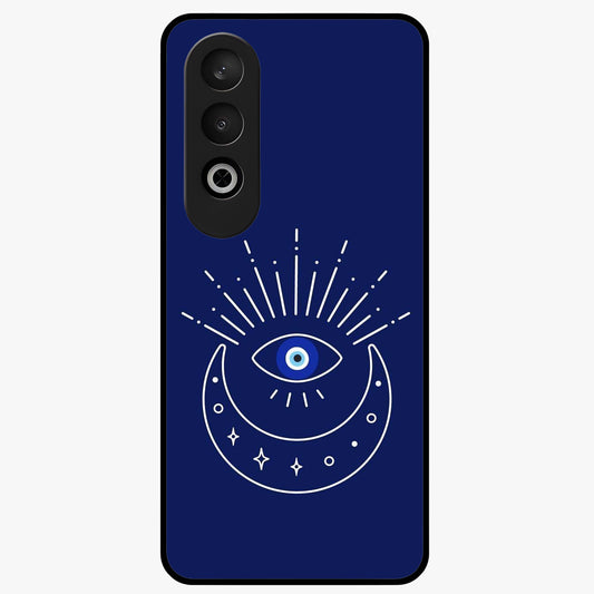 Evil Eye With Blue Themed Collage Glass Case for 1+Nord Ce 4 artistic front view featuring blue collage style evil eye artwork