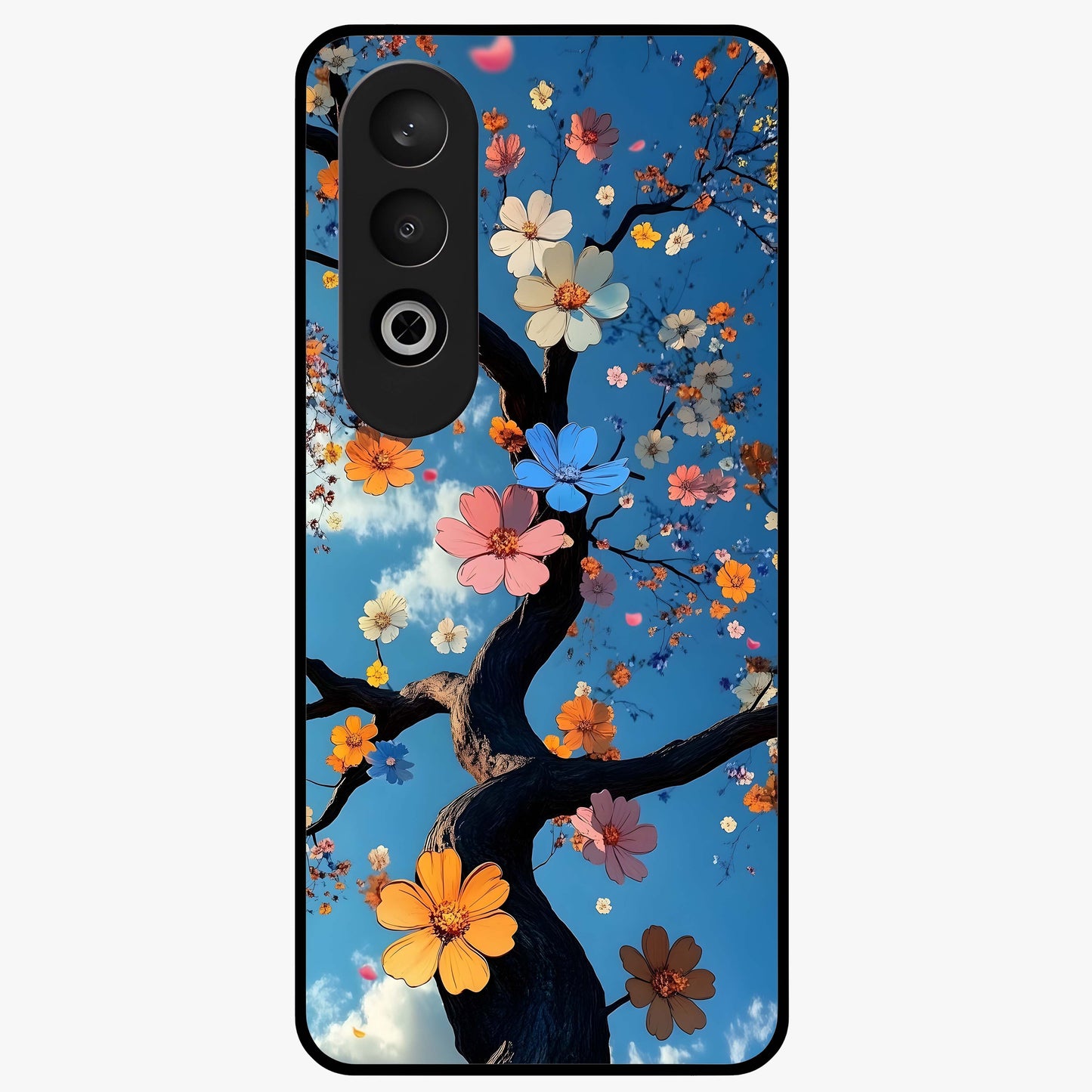 Floral Tree Glass Case for 1+Nord Ce 4 elegant front view featuring blooming tree artwork
