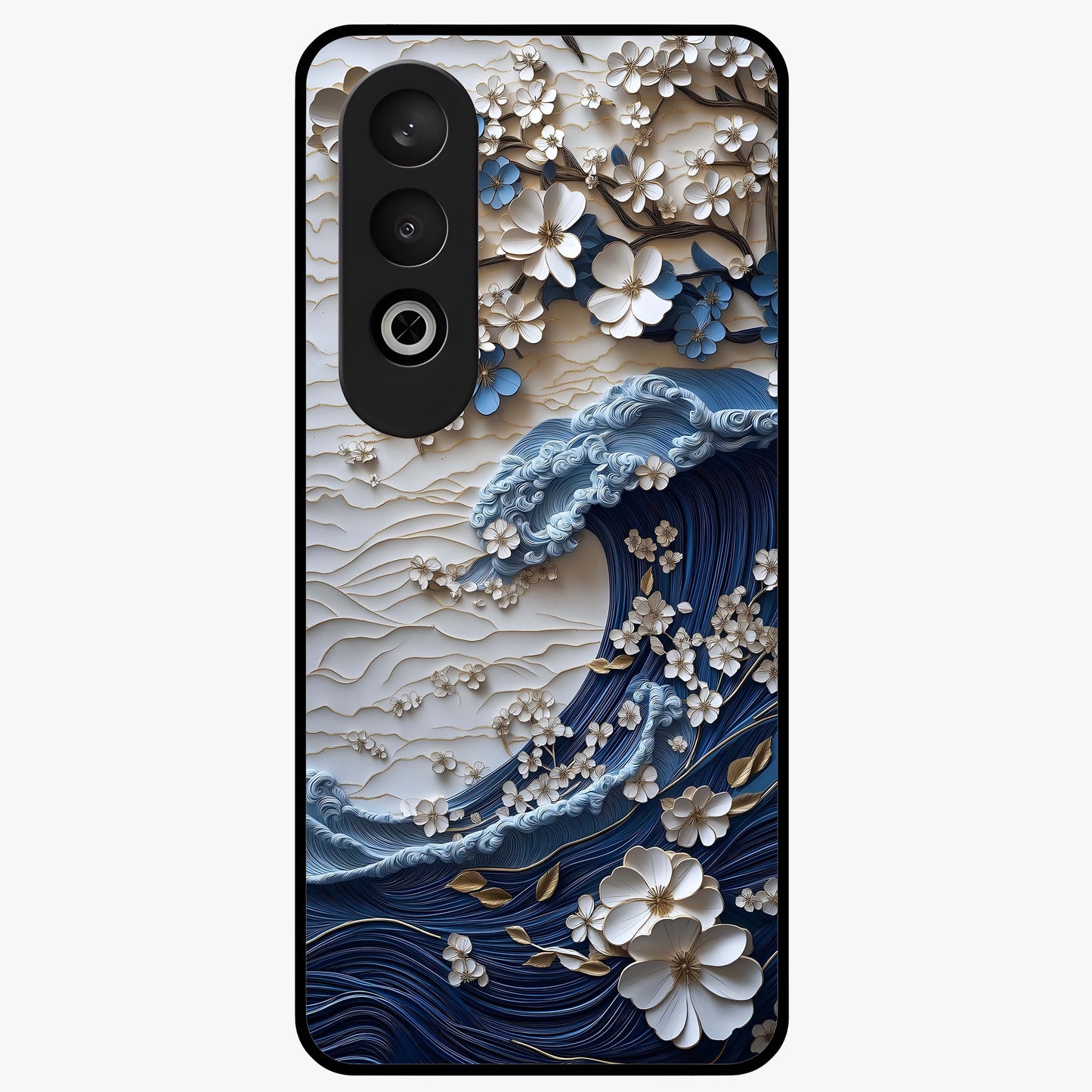Floral Wave Origami Glass Case for 1+Nord CE 4 artistic front view featuring folded origami inspired floral wave artwork