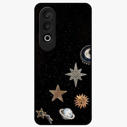 Galactic Charm Glow Glass Case for 1+Nord Ce 4 radiant front view featuring glowing cosmic charm artwork
