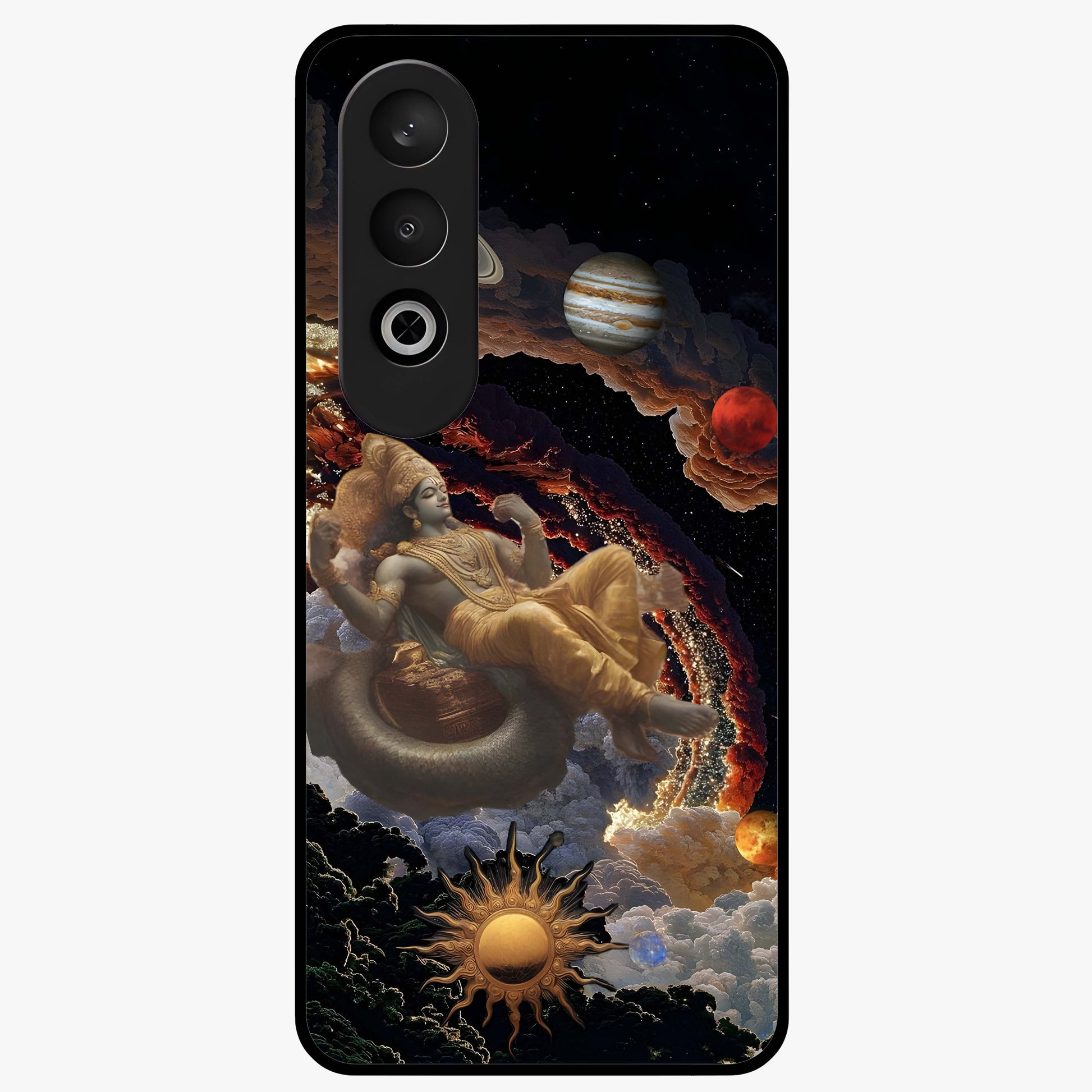 Galactic Divine God Glass Case for 1+Nord CE 4 powerful front view featuring divine artwork blended with cosmic background