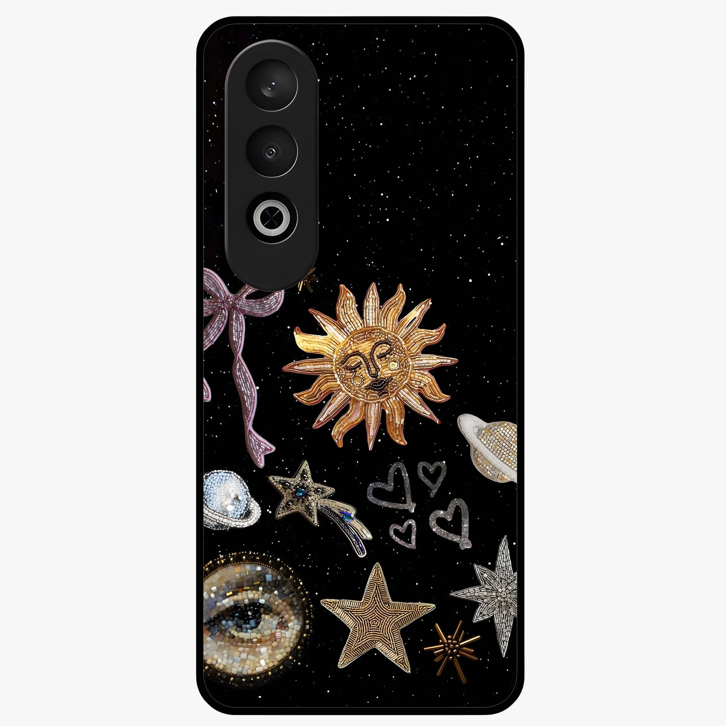 Galactic Sun Charm Glass Case for 1+Nord Ce 4 radiant front view featuring celestial sun artwork with cosmic accents