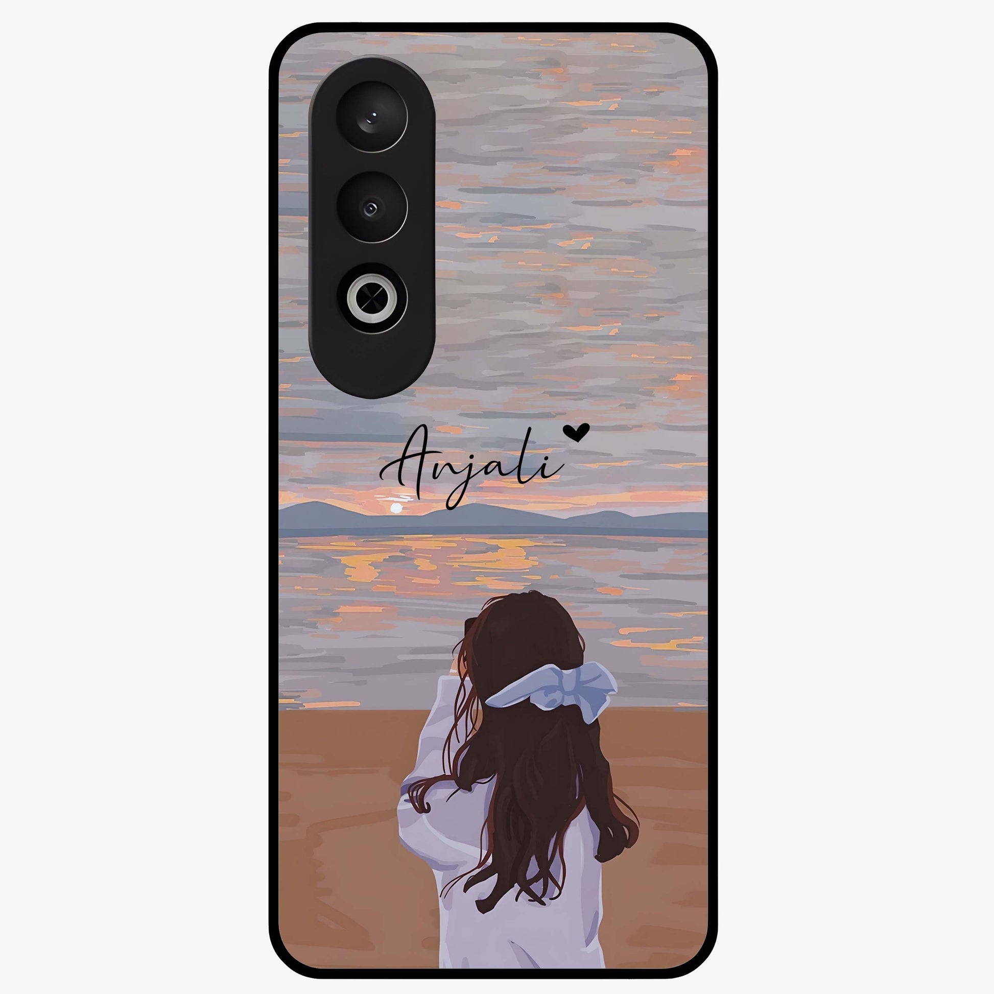 Girl Facing Sunset Beach Glass Case for 1+Nord CE 4 scenic front view featuring silhouette artwork against glowing sunset sky