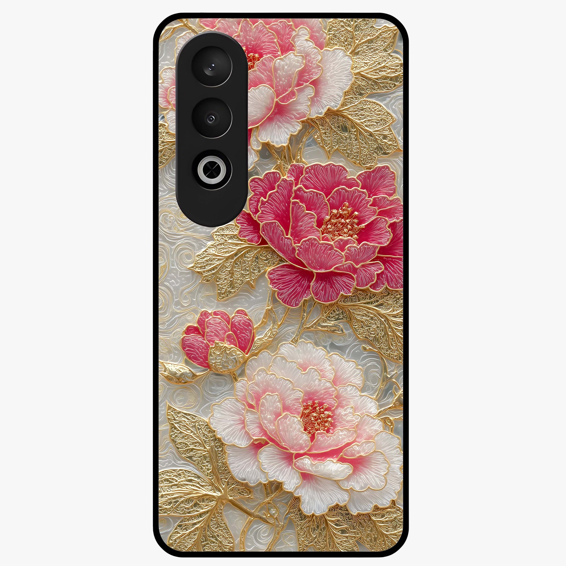 Golden Blossom Elegance Glass Case for 1+Nord CE 4 graceful front view featuring refined golden floral artwork