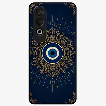 Golden Evil Eye Mandala Glass Case for 1+Nord CE 4 bold front view featuring intricate mandala artwork with golden evil eye