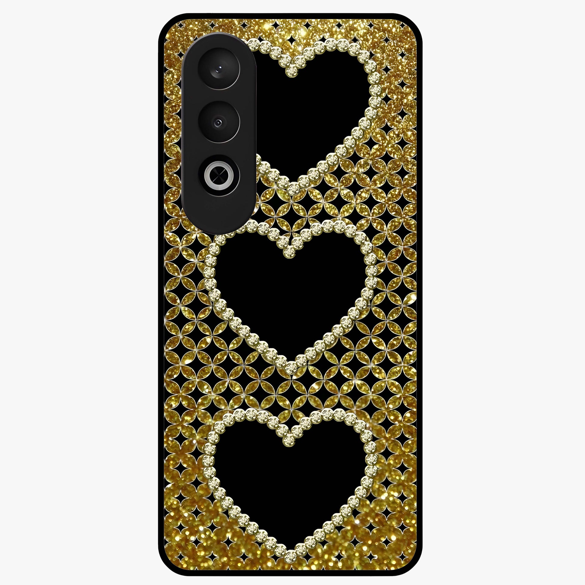 Golden Heart Glow Glass Case for 1+Nord CE 4 romantic front view featuring glowing golden heart artwork