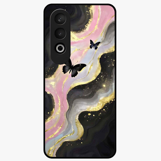 Golden Mist Butterflies Glass Case for 1+Nord CE 4 elegant front view featuring soft golden butterfly artwork with misty tones