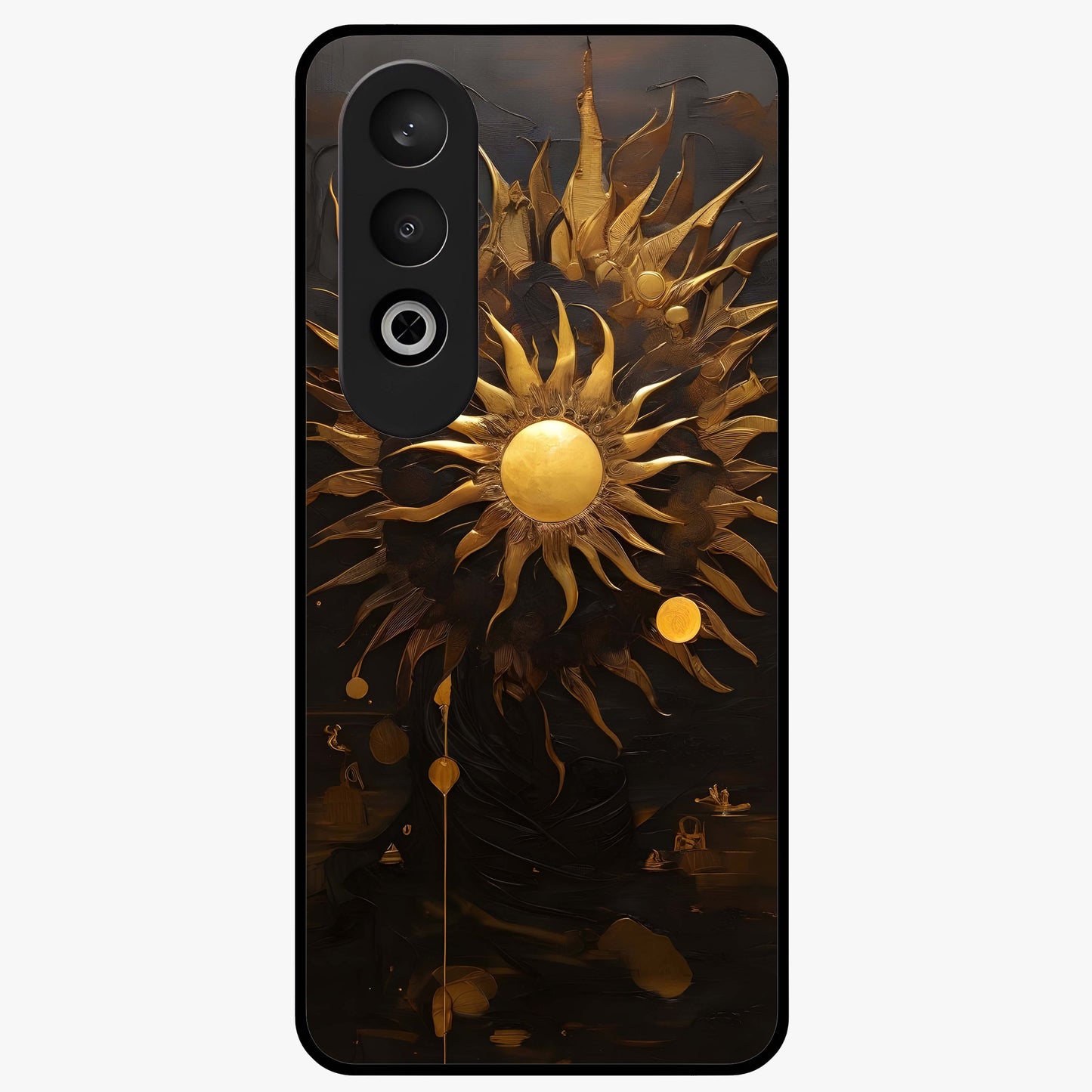 Golden Sun Majesty Glass Case for 1+Nord CE 4 radiant front view featuring majestic sun artwork in golden hues