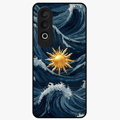 Golden Wave Rise Glass Case for 1+Nord CE 4 dynamic front view featuring flowing wave artwork in golden tones