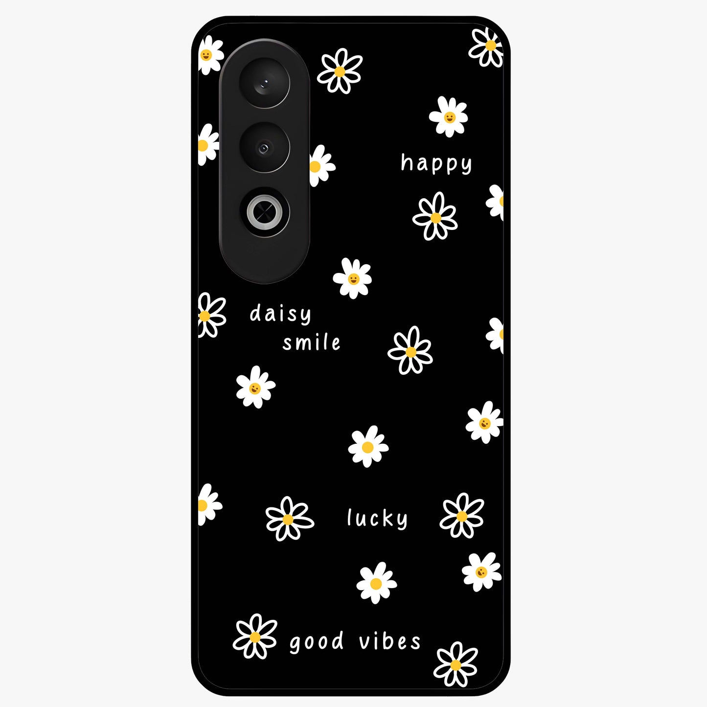 Good Vibes Daisy Black Pattern Glass Case for 1+Nord CE 4 stylish front view featuring white daisy artwork on black background