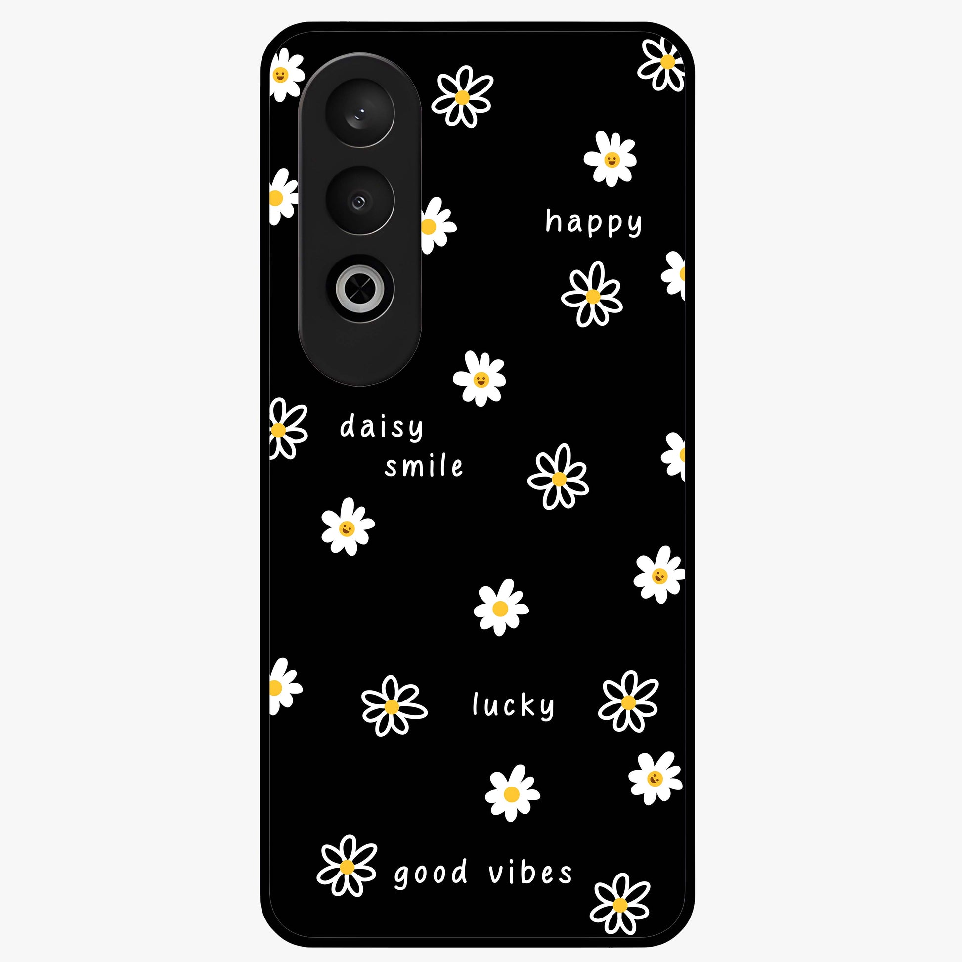 Good Vibes Daisy Black Pattern Glass Case for 1+Nord CE 4 stylish front view featuring white daisy artwork on black background