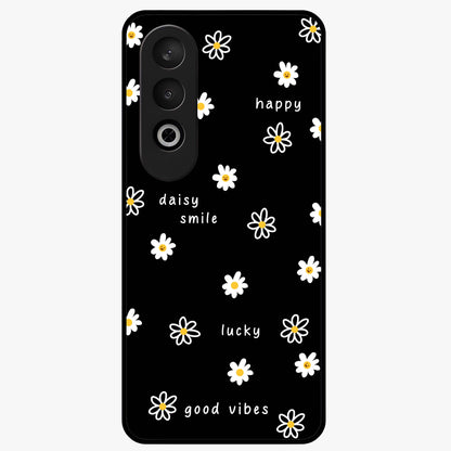 Good Vibes Daisy Black Pattern Glass Case for 1+Nord CE 4 stylish front view featuring white daisy artwork on black background