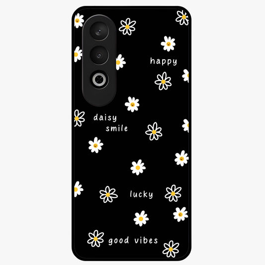 Good Vibes Daisy Black Pattern Glass Case for 1+Nord CE 4 stylish front view featuring white daisy artwork on black background