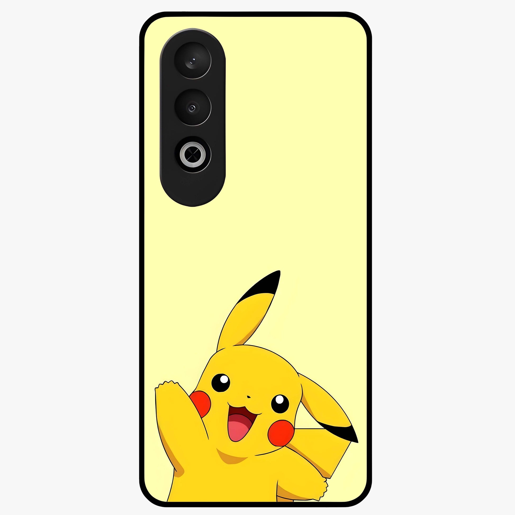 Happy Electric Pikachu Glass Case for 1+Nord CE 4 energetic front view featuring electric themed cartoon artwork