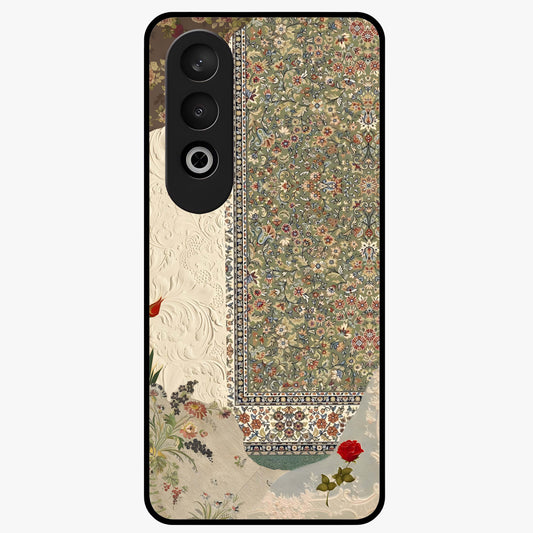Heritage Textile Layers Glass Case for 1+Nord CE 4 showing full back design in clean flat view with layered textile-inspired artwork and glossy glass finish.
