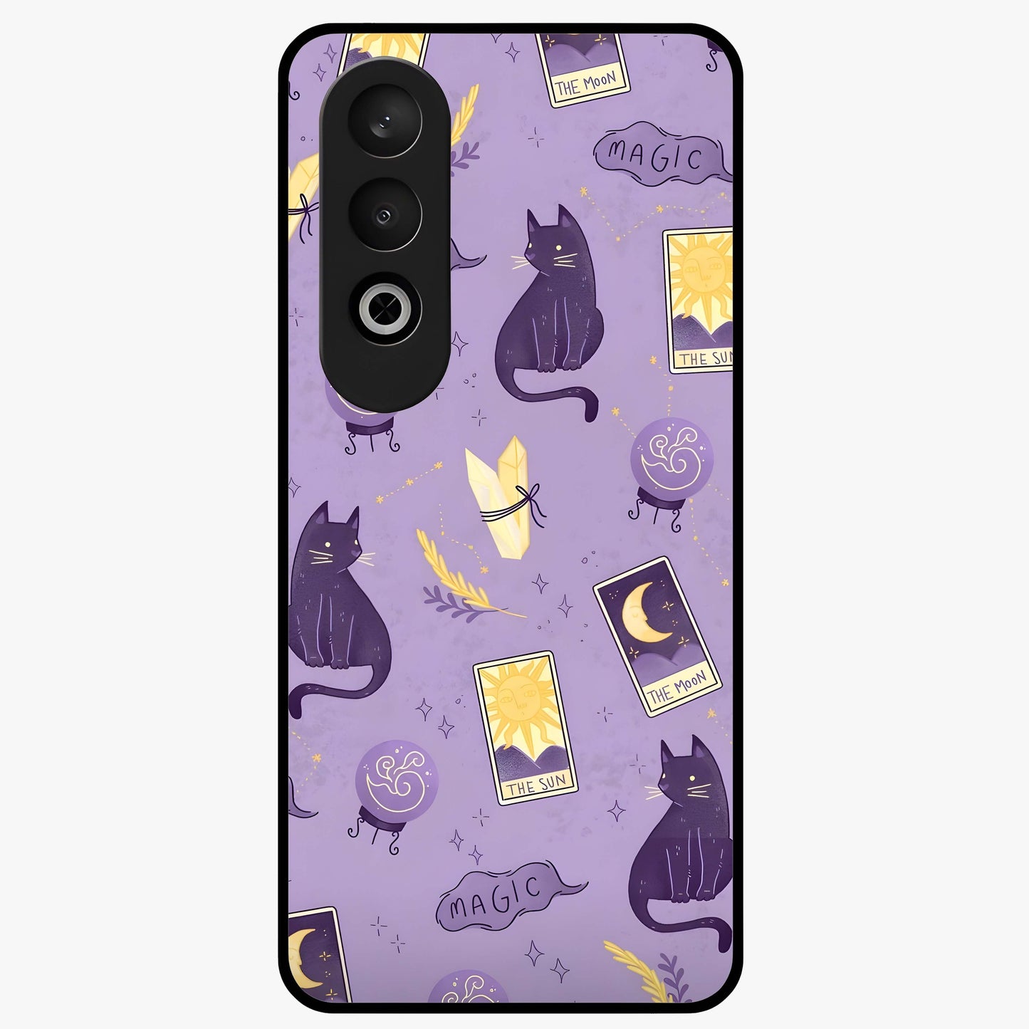 Humble Magic Cats Glass Case for 1+Nord CE 4 showing full back design in clean flat view with whimsical cat artwork and glossy glass finish.