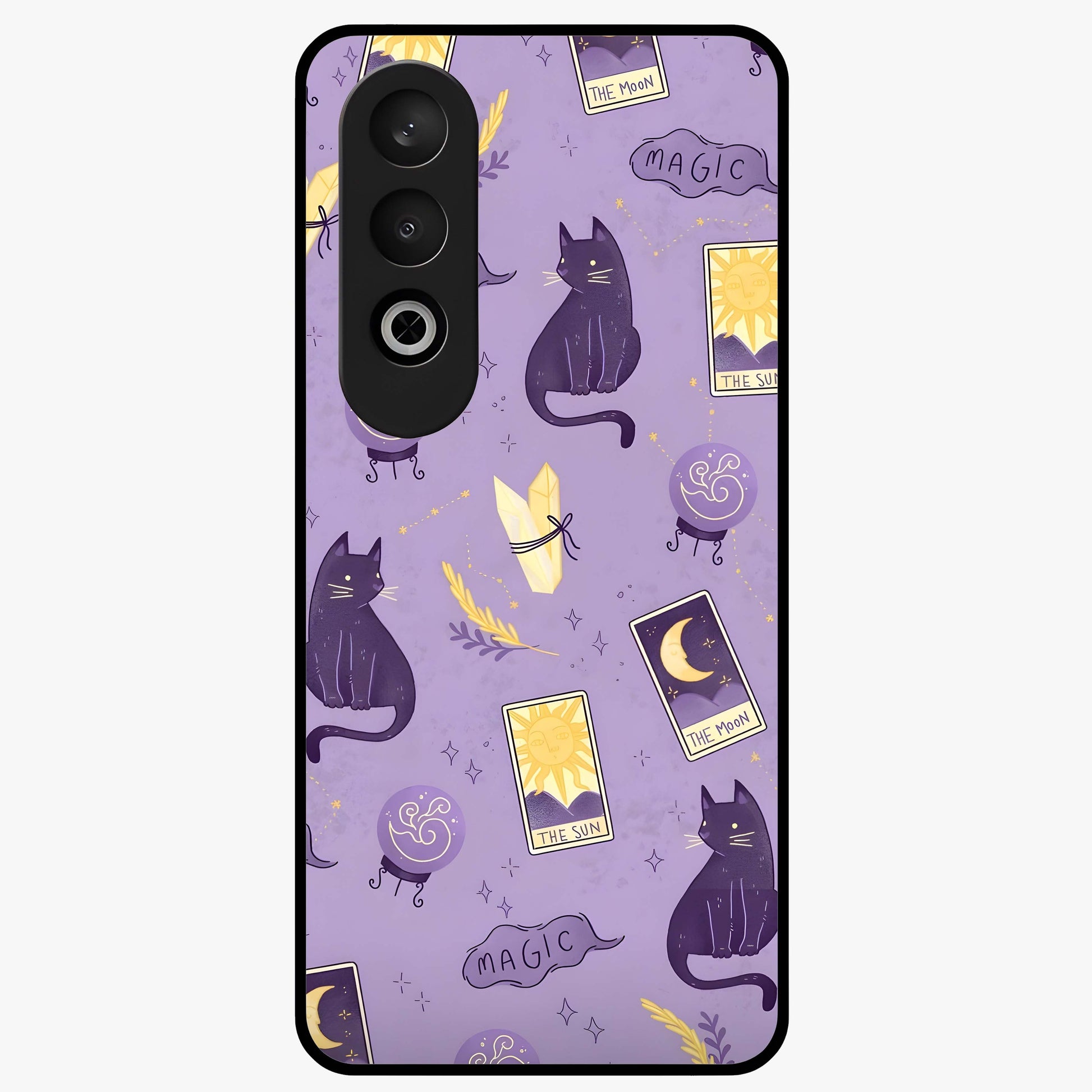 Humble Magic Cats Glass Case for 1+Nord CE 4 showing full back design in clean flat view with whimsical cat artwork and glossy glass finish.