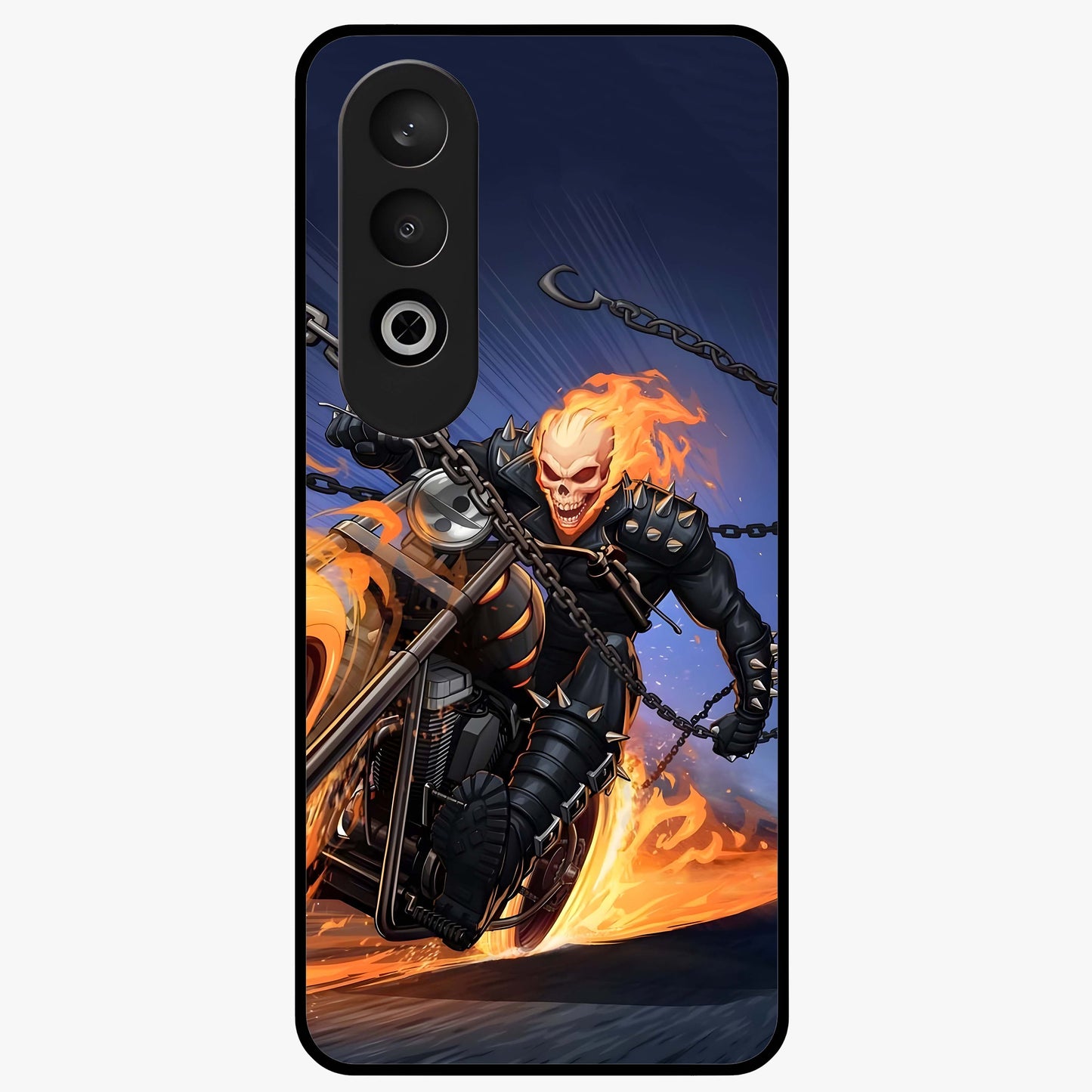 Inferno Chain Rider Glass Case for 1+Nord CE 4 showing full back design in clean flat view with fiery chain rider artwork and glossy glass finish.