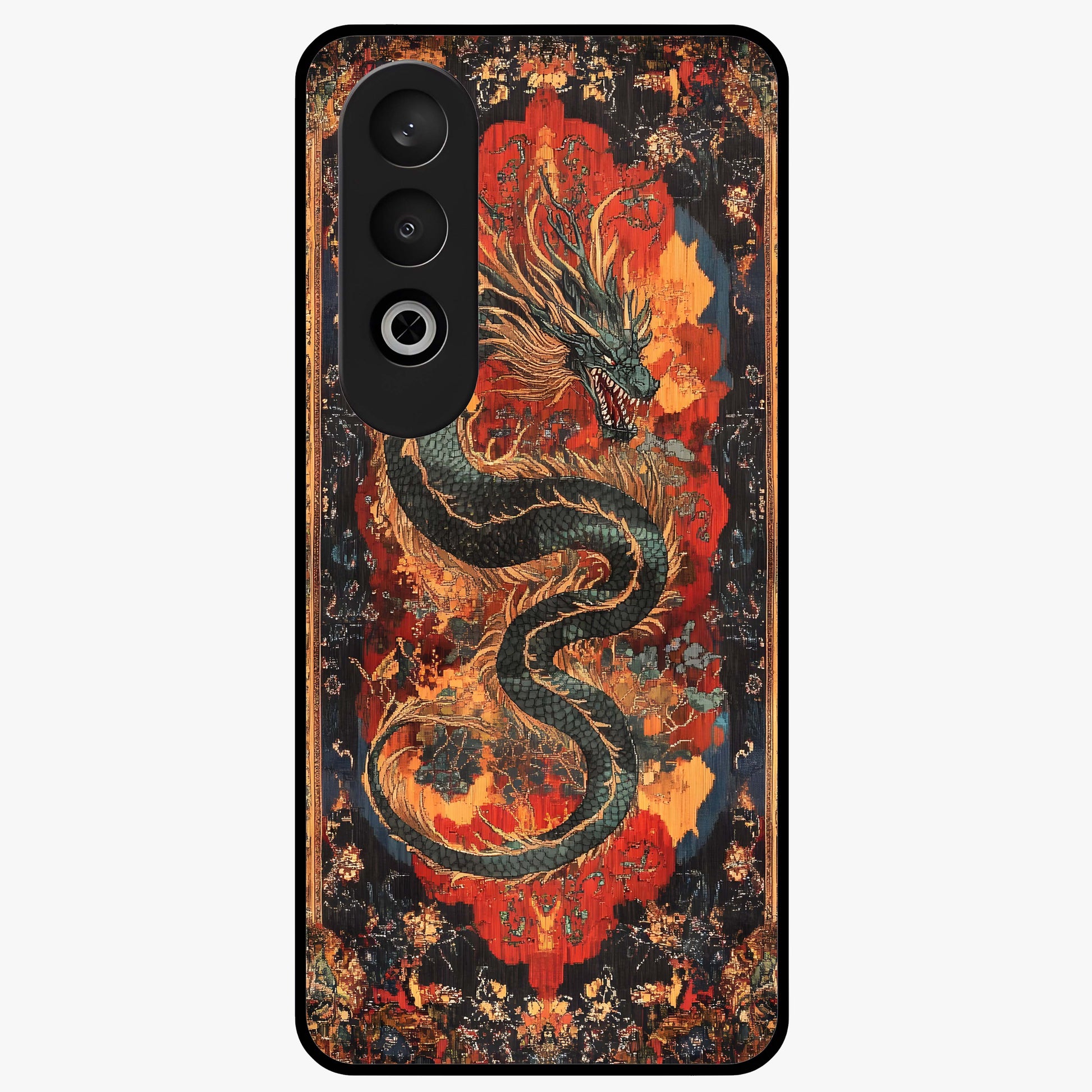 Inferno Dragon Soul Glass Case for 1+Nord CE 4 showing full back design in clean flat view with blazing dragon artwork and glossy glass finish.