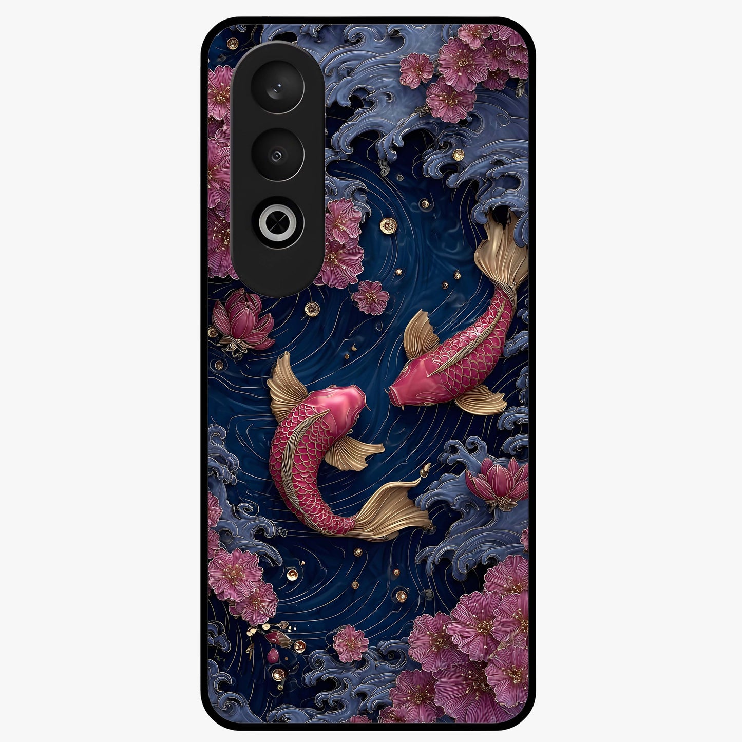 Koi Wave Dance Glass Case for 1+Nord CE 4 artistic front view featuring flowing koi fish artwork with wave patterns