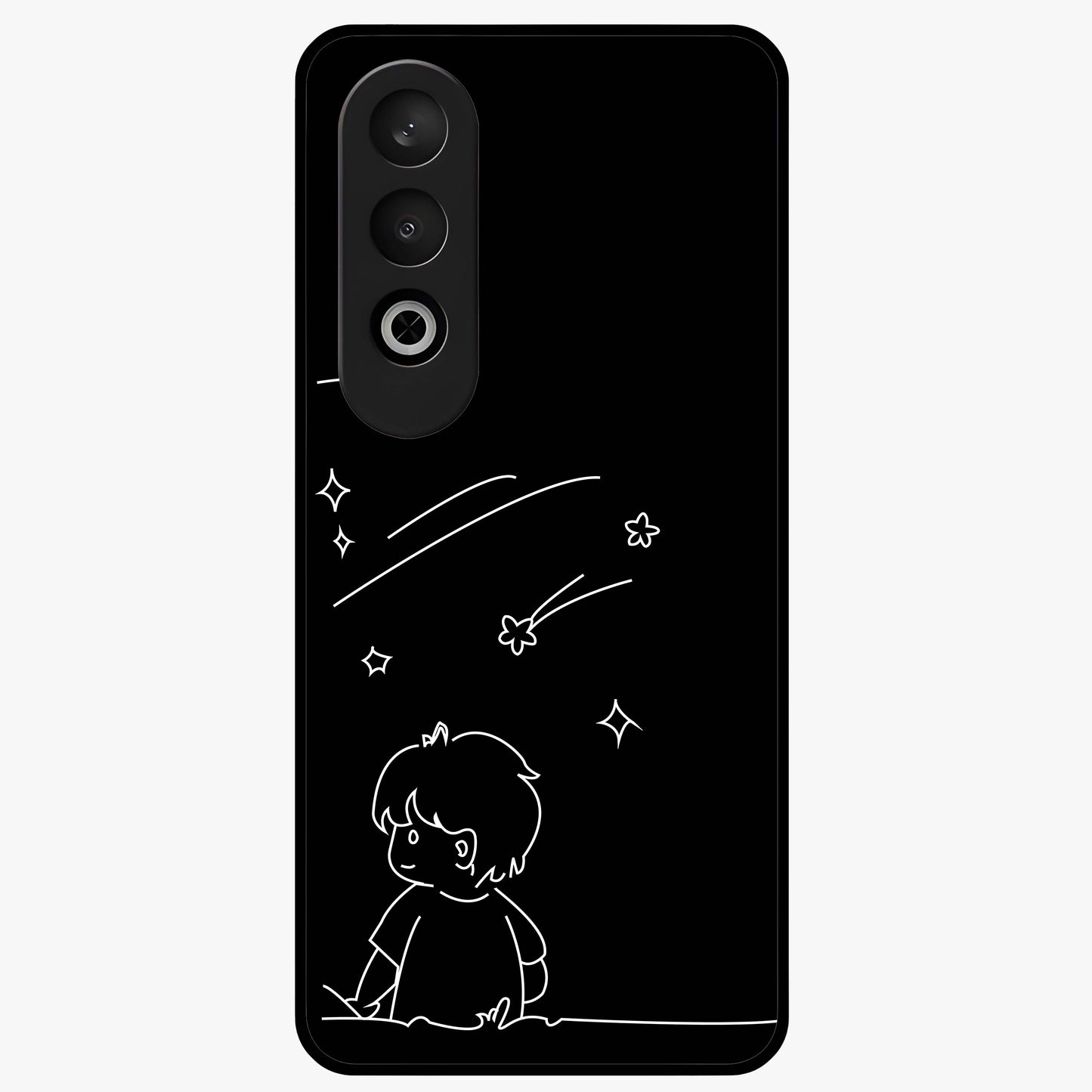 Line Art Boy With Shooting Stars Glass Case for 1+Nord CE 4 artistic front view featuring minimal line art character with star accents