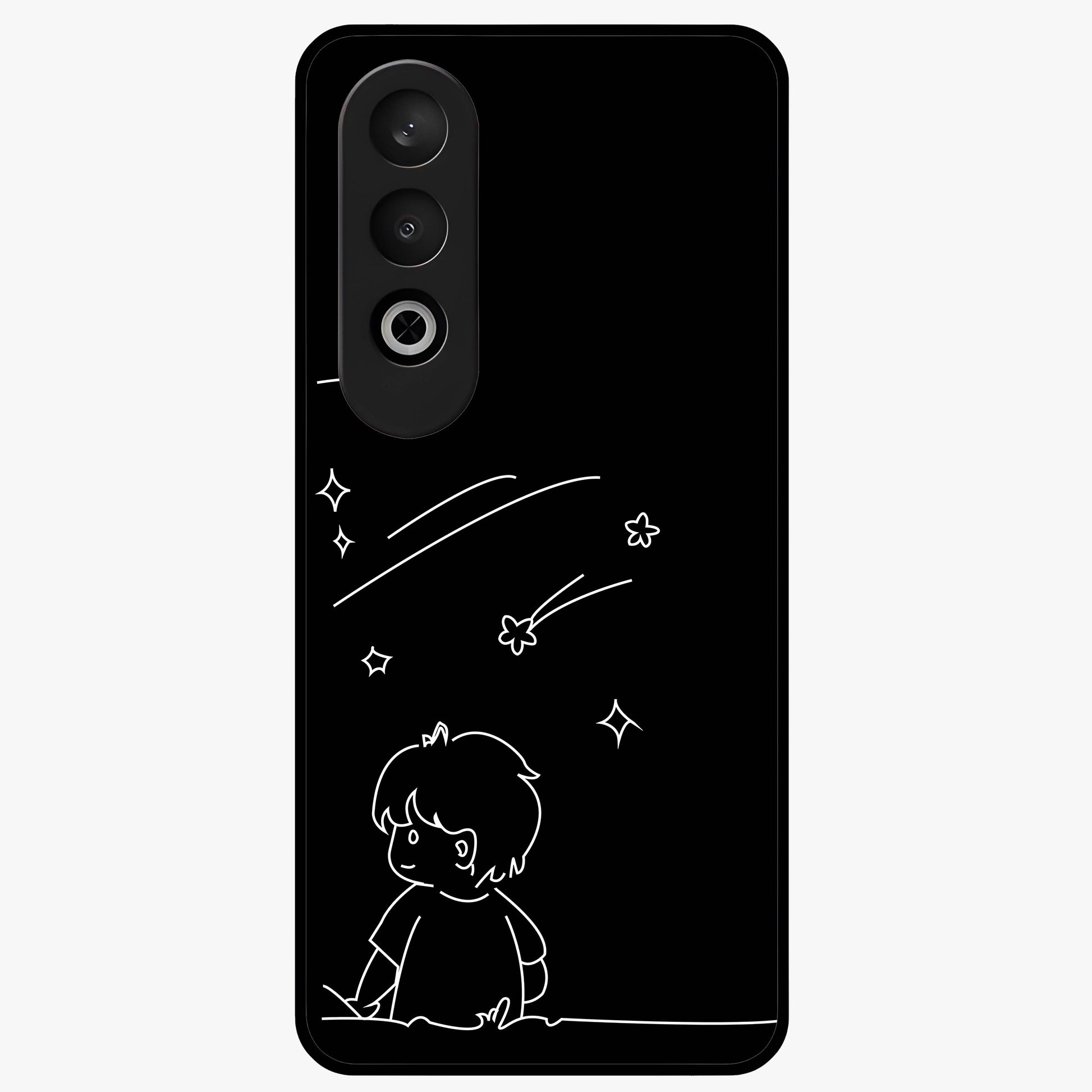 Line Art Boy With Shooting Stars Glass Case for 1+Nord CE 4 artistic front view featuring minimal line art character with star accents