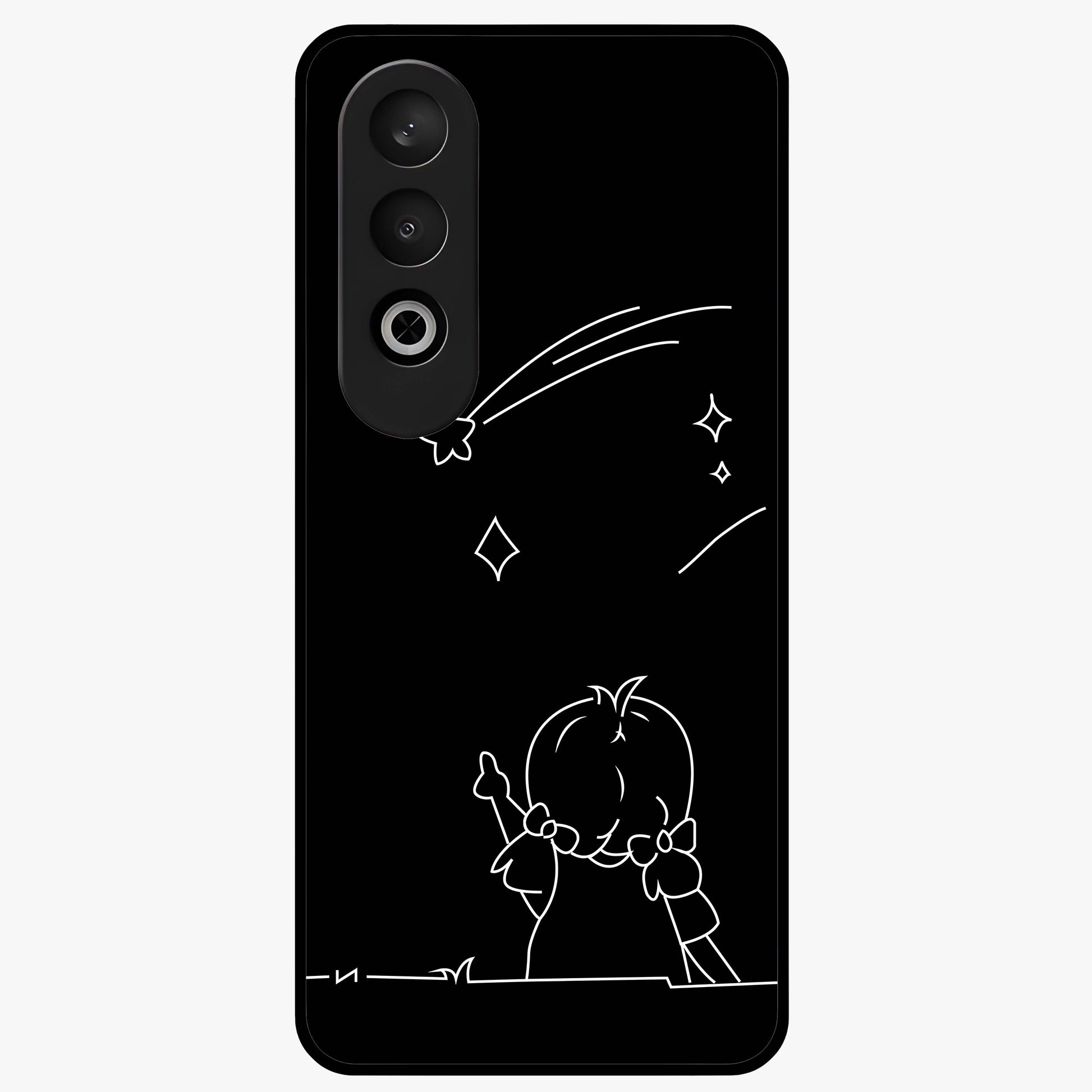 Line Art Girl With Shooting Stars Glass Case for 1+Nord Ce 4 elegant front view featuring minimal line art character with shooting stars