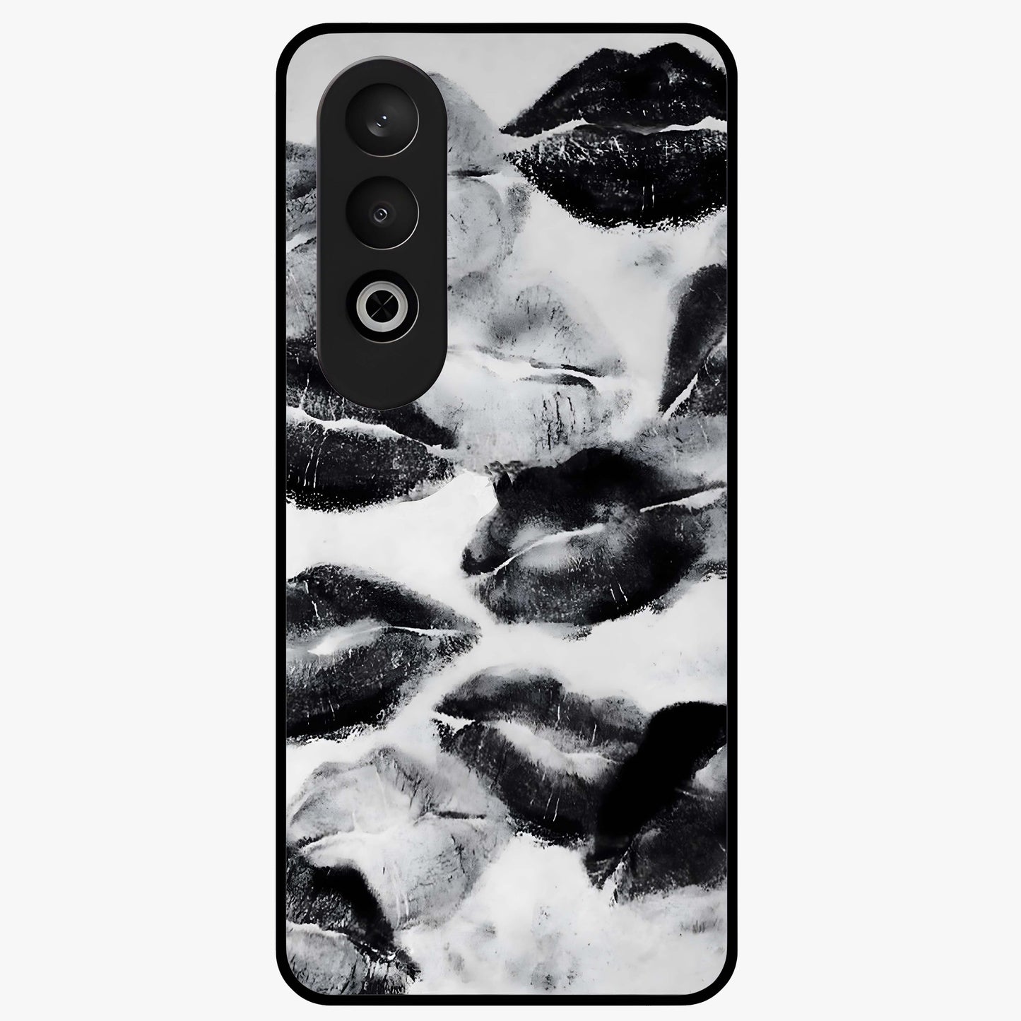 Midnight Kiss Marks Glass Case for 1+Nord CE 4 bold front view featuring romantic kiss mark artwork on dark background