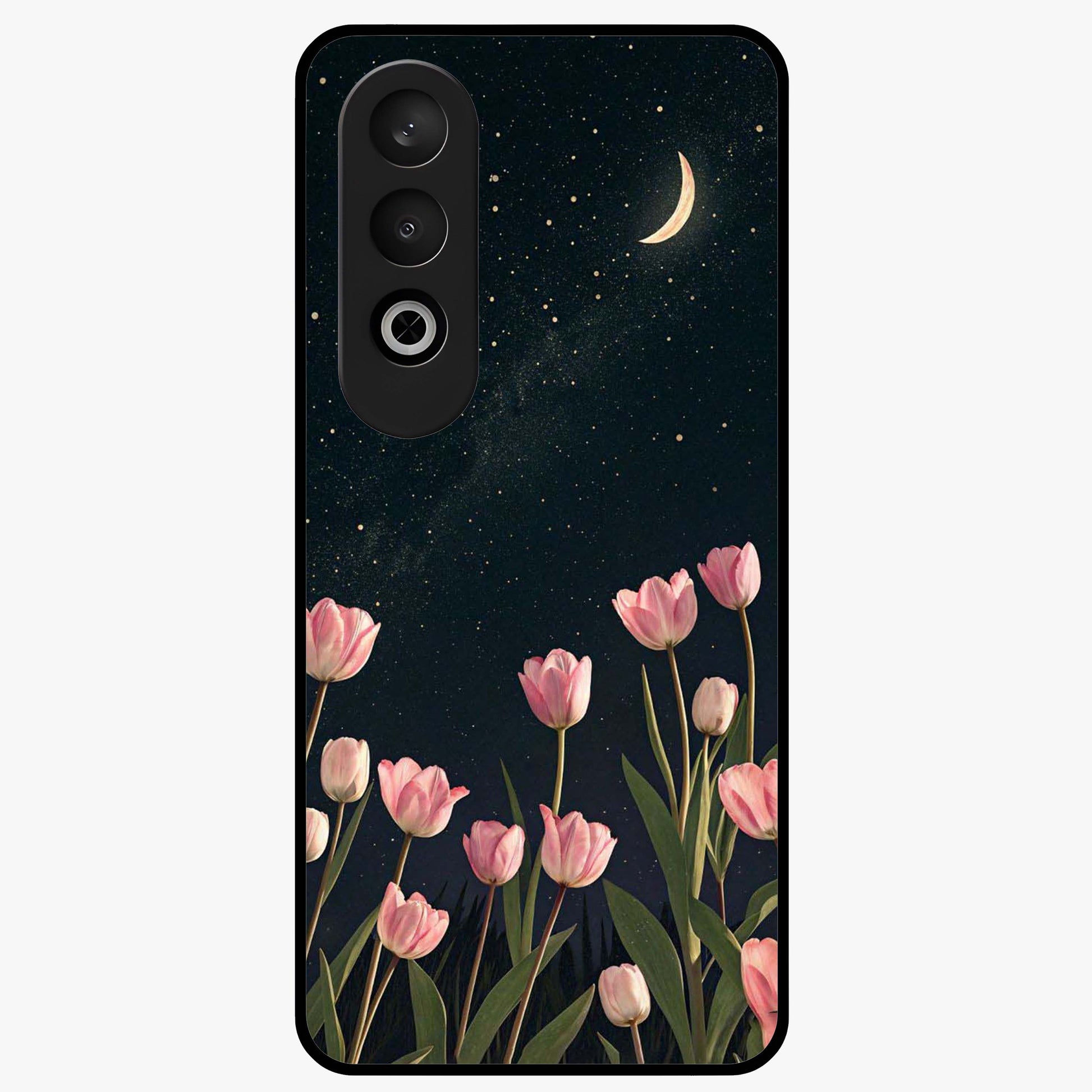 Midnight Tulip Whispers Vibe Glass Case for 1+Nord CE 4 elegant front view featuring tulip floral artwork on dark background