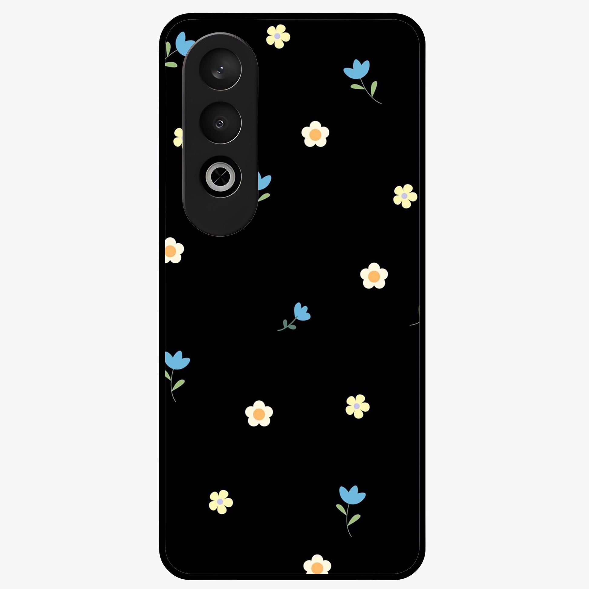 Minimalistic Blue With White Flower Pattern Glass Case for 1+Nord CE 4 fresh front view featuring white floral artwork on blue background