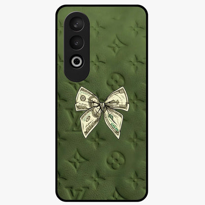 Money Bow Lv Glass Case for 1+Nord CE 4 luxury inspired front view featuring bold fashion themed artwork