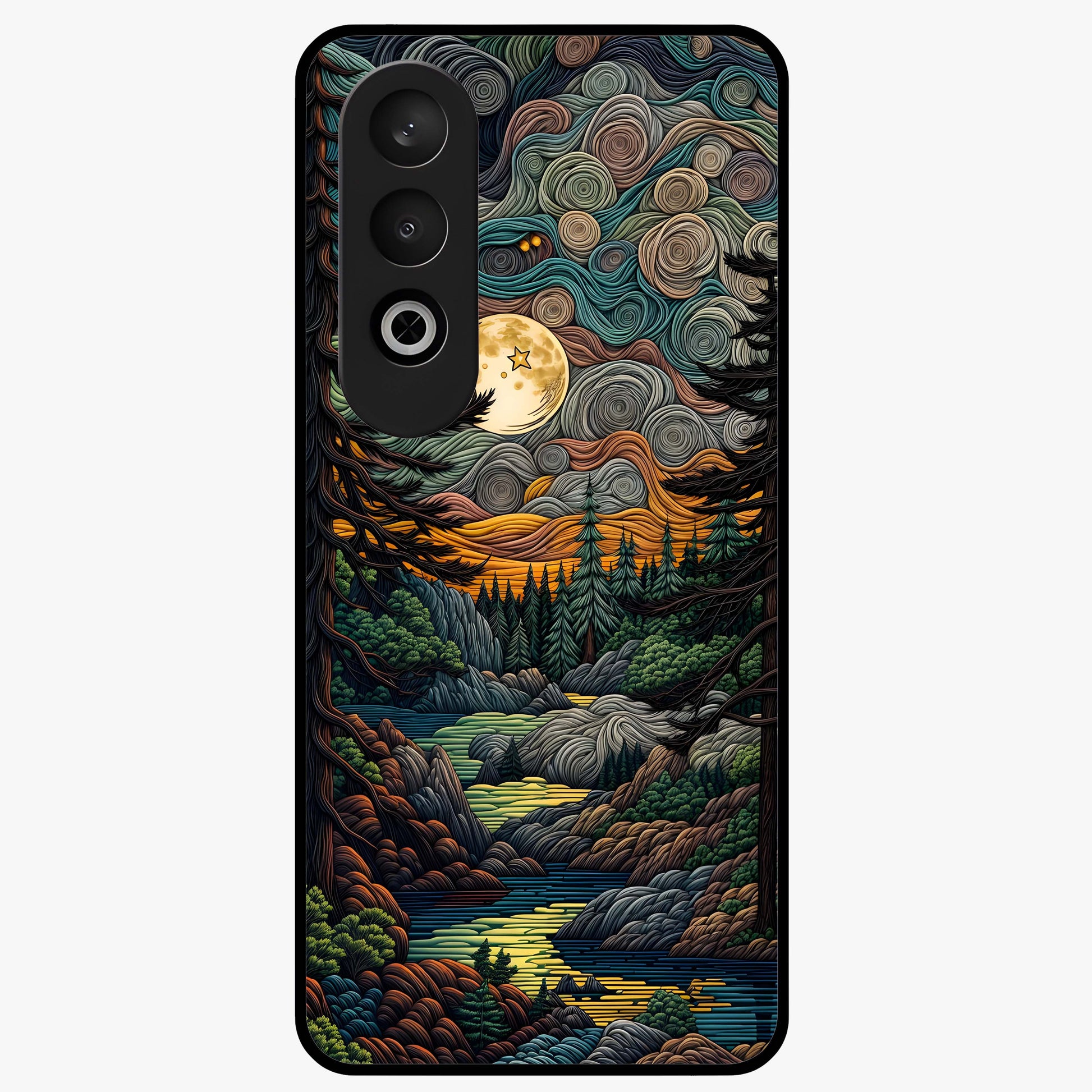 Moonlight Forest Dream Glass Case for 1+Nord CE 4 dreamy front view featuring forest artwork under glowing moonlight