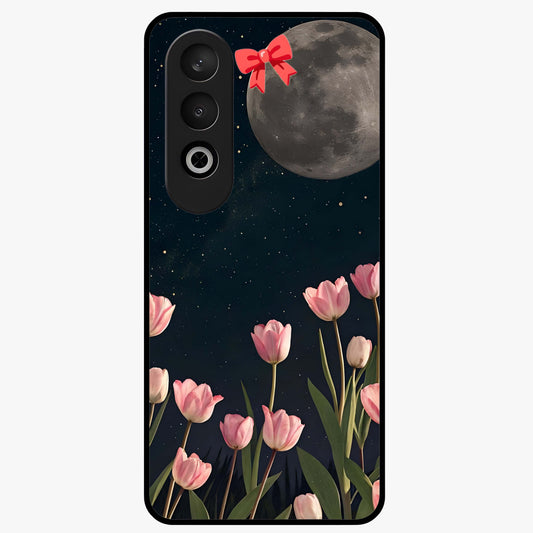 Moonlit Night Tulip Glass Case for 1+Nord CE 4 serene front view featuring tulip floral artwork in midnight tones