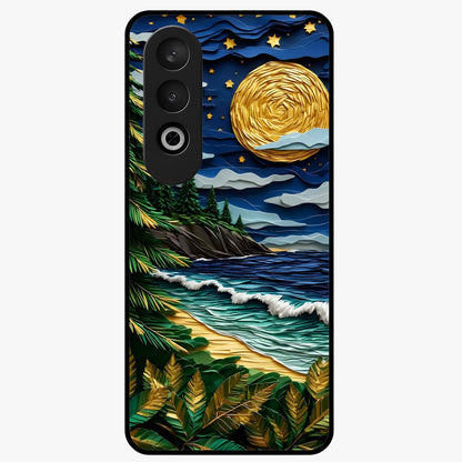 Moonlit Ocean Pines Glass Case for 1+Nord CE 4 scenic front view featuring pine trees by ocean under moonlit sky