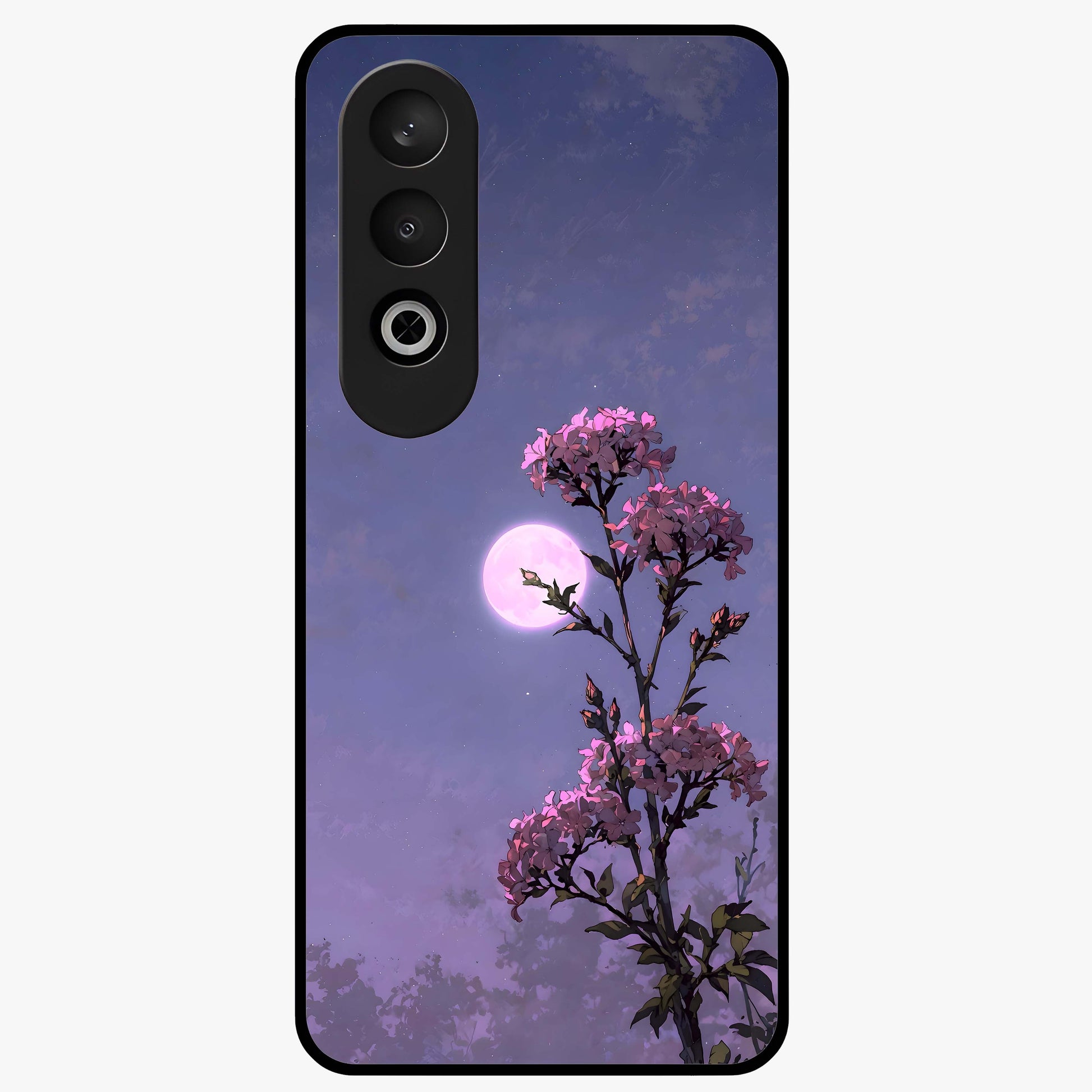 Moonlit Petal Night Glass Case for 1+Nord CE 4 elegant front view featuring floral artwork glowing in night tones